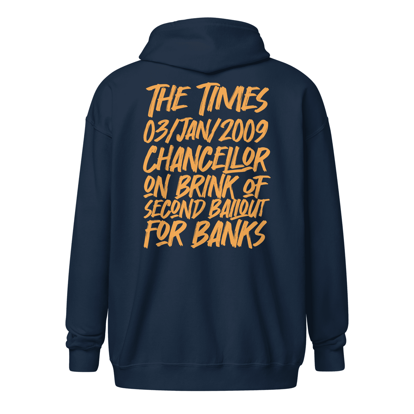Back view of a navy colored bitcoin zip hoodie.