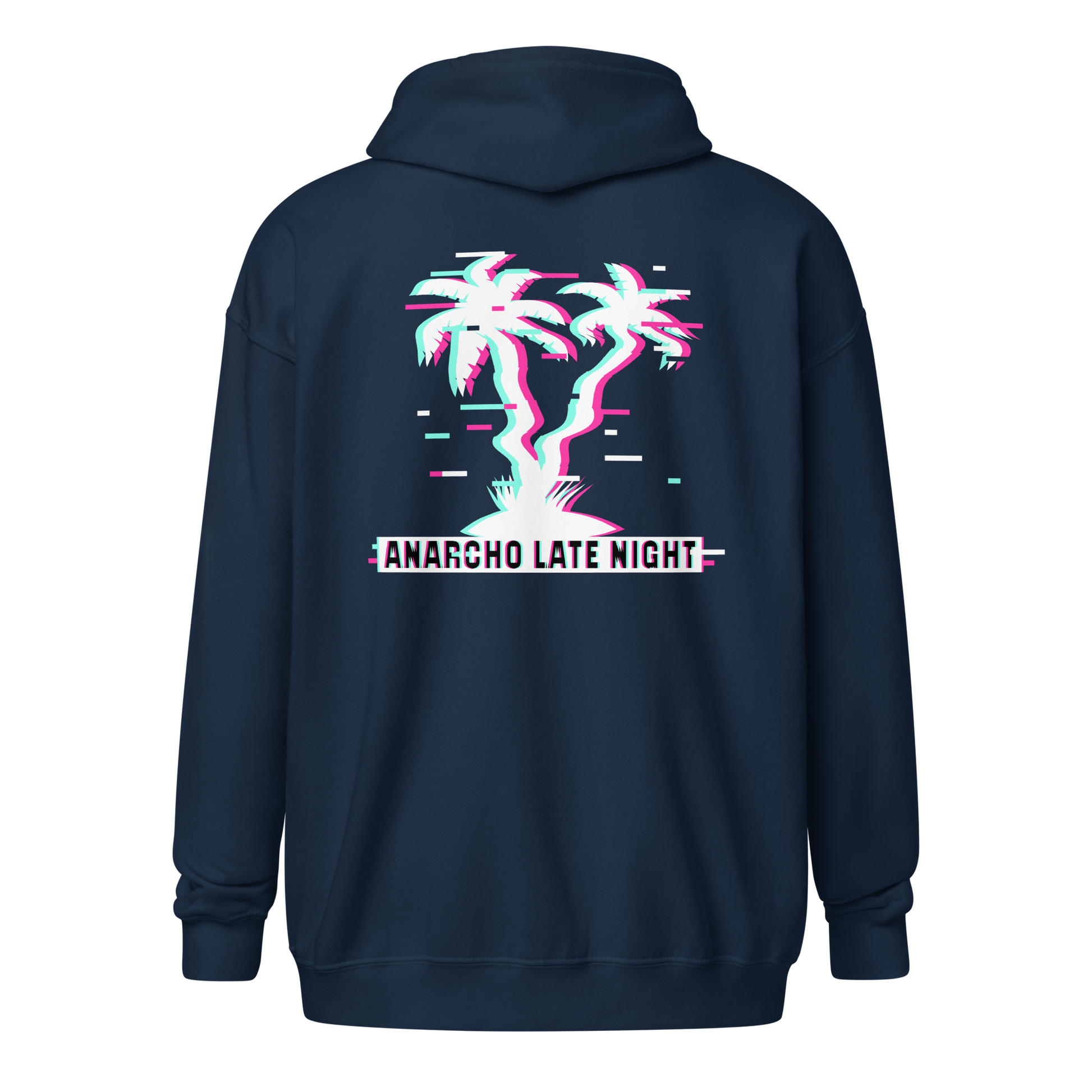 Back view of a navy blue aln zip hoodie.