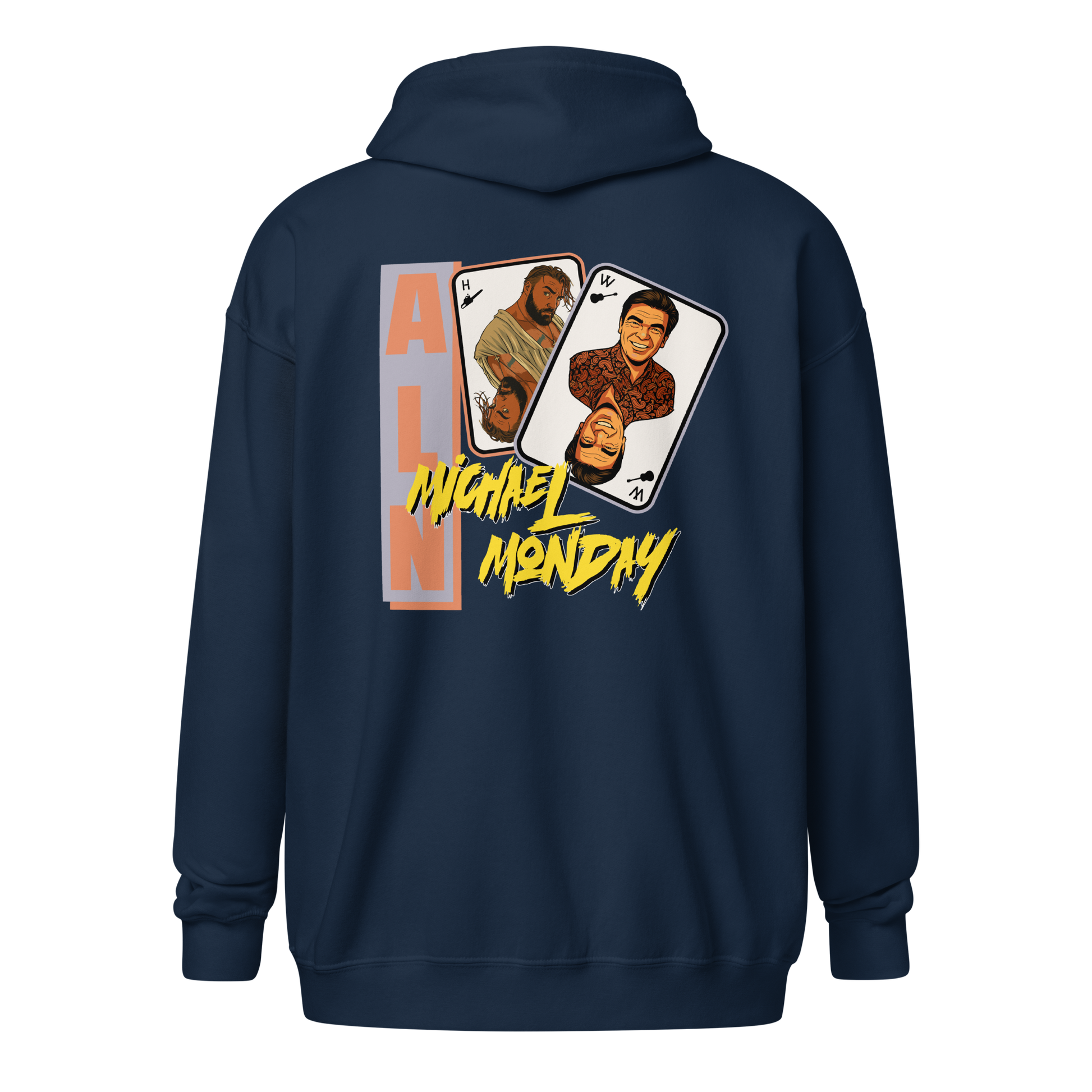 Back view of a navy blue aln zip hoodie.