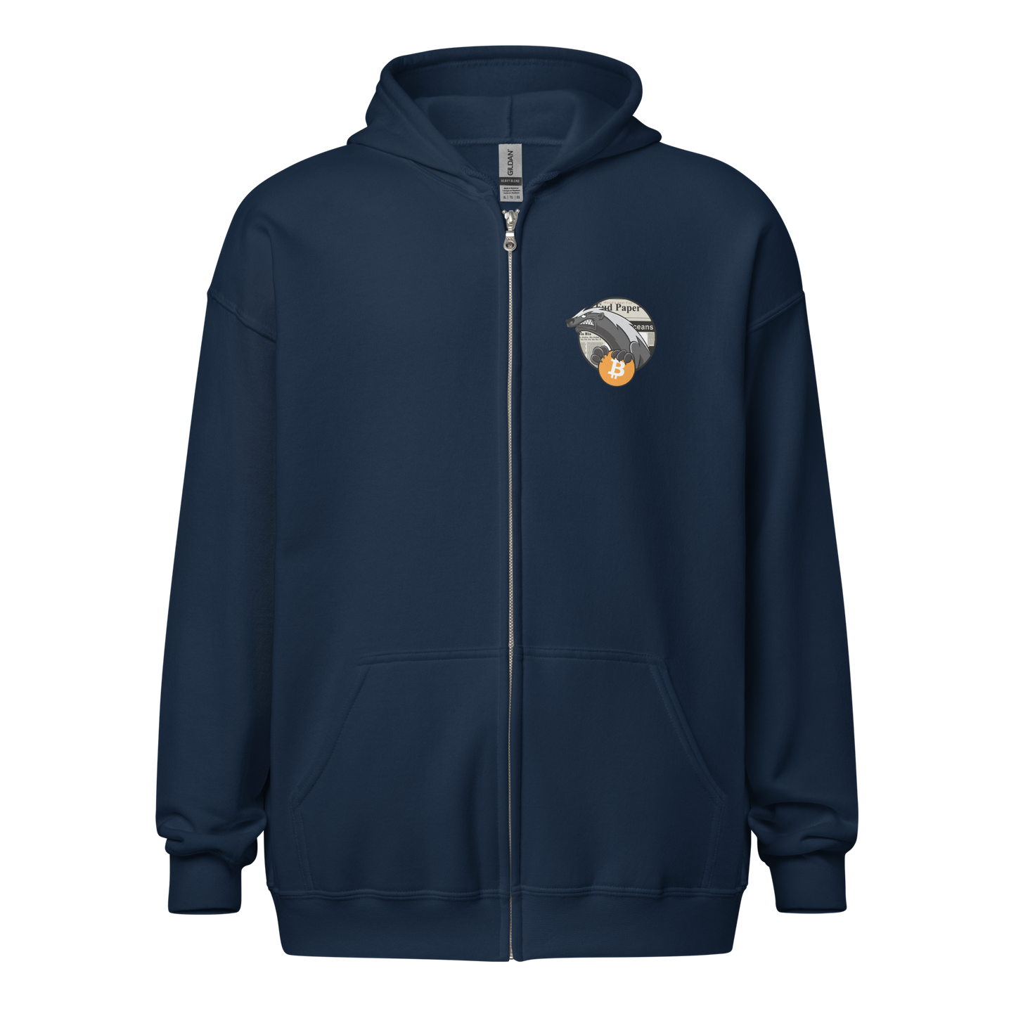 Front view of a navy colored bitcoin zip hoodie.