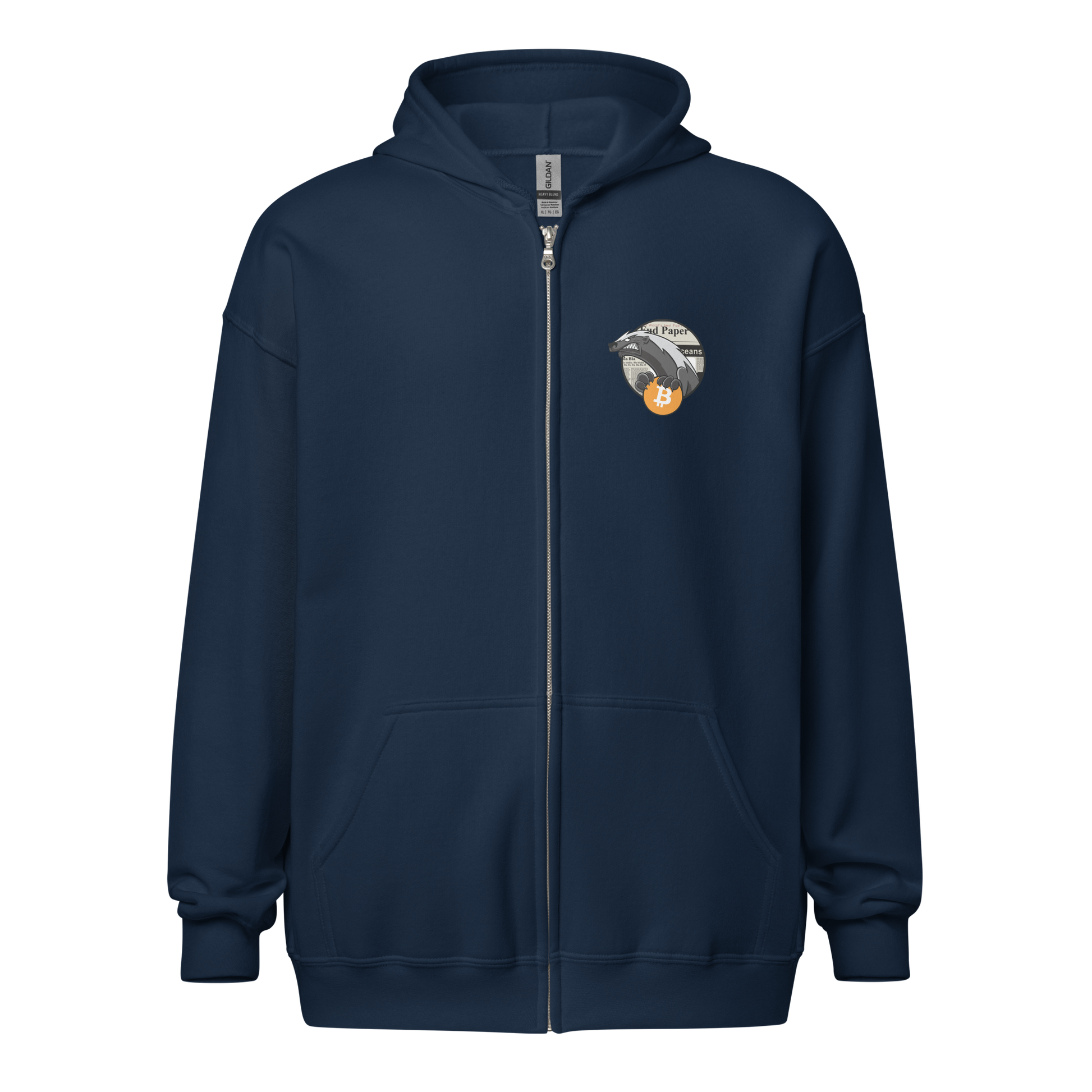 Front view of a navy colored bitcoin zip hoodie.
