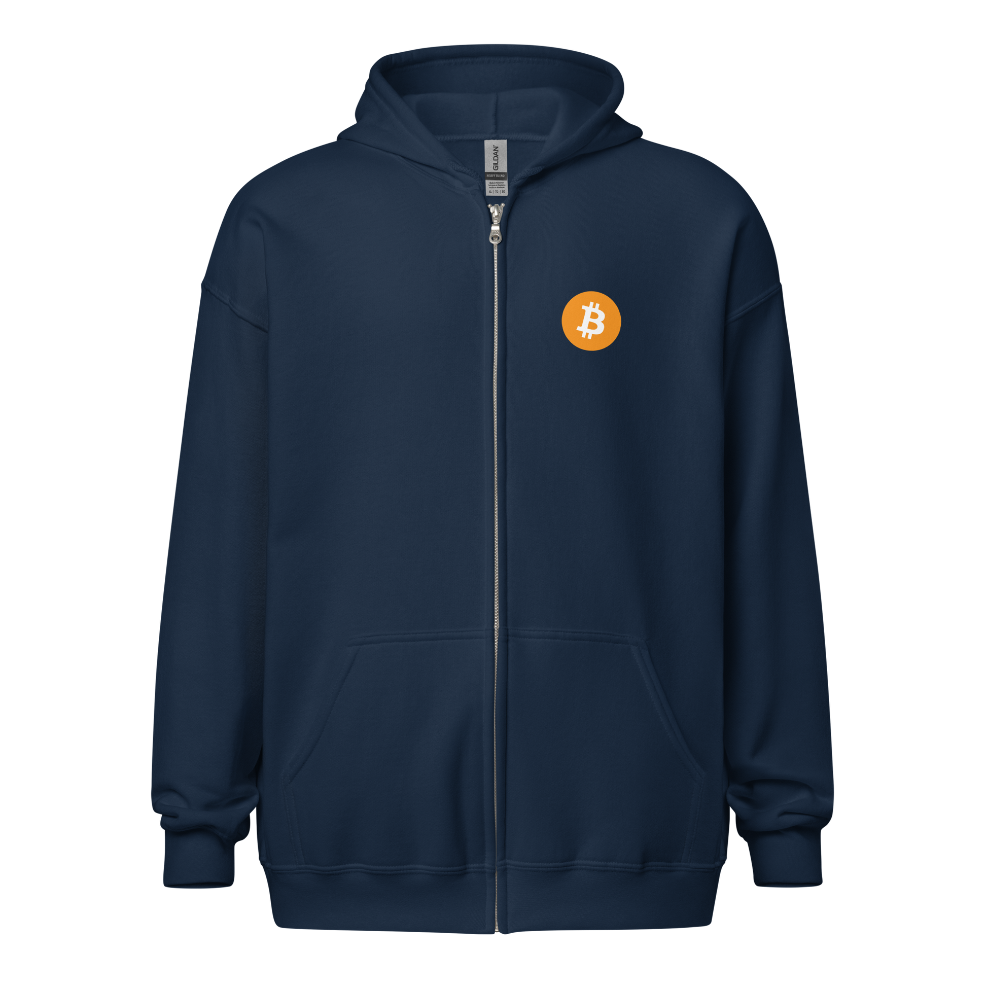 Front view of a navy colored bitcoin zip hoodie.