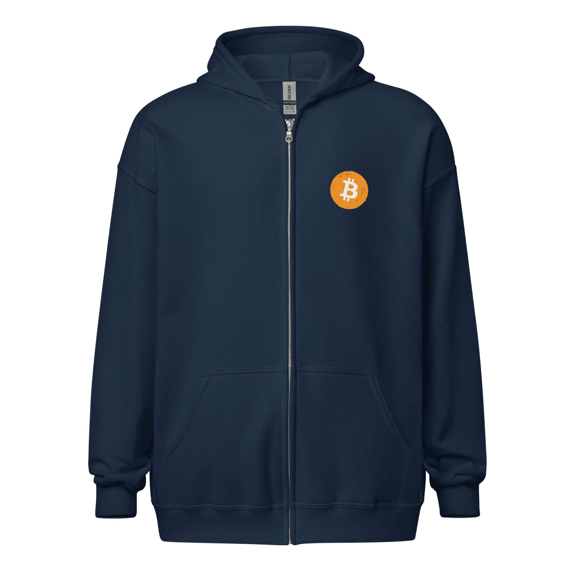 Front view of a navy colored bitcoin zip hoodie.