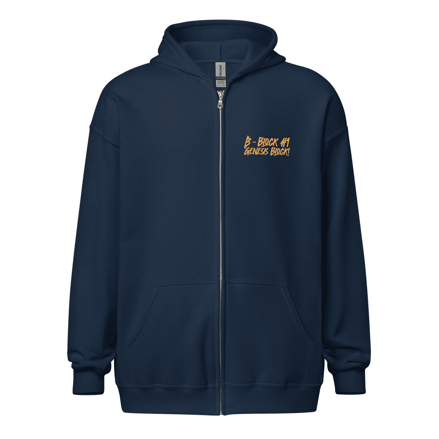 Front view of a navy colored bitcoin zip hoodie.