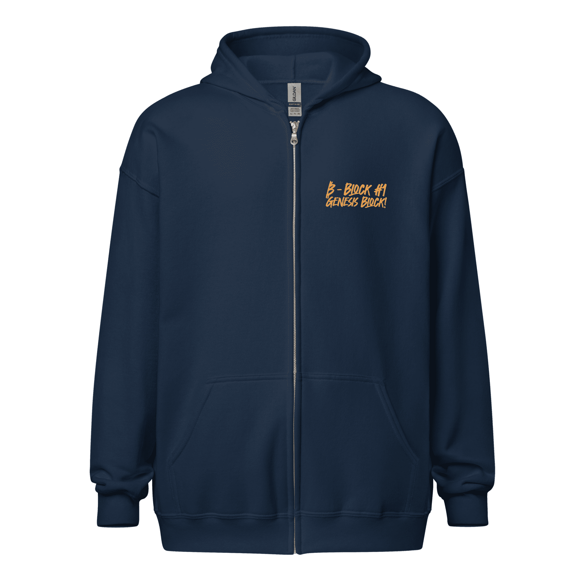 Front view of a navy colored bitcoin zip hoodie.