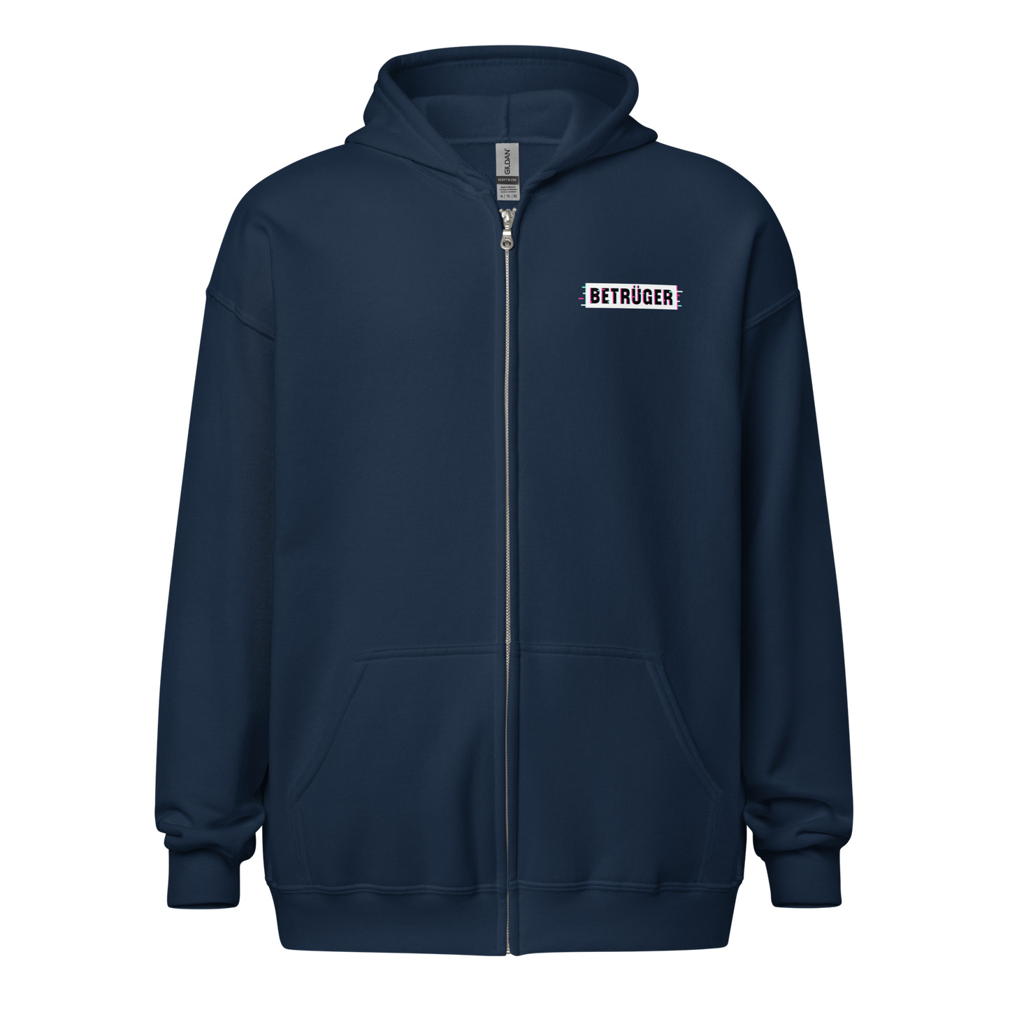 Front view of a navy blue aln zip hoodie.