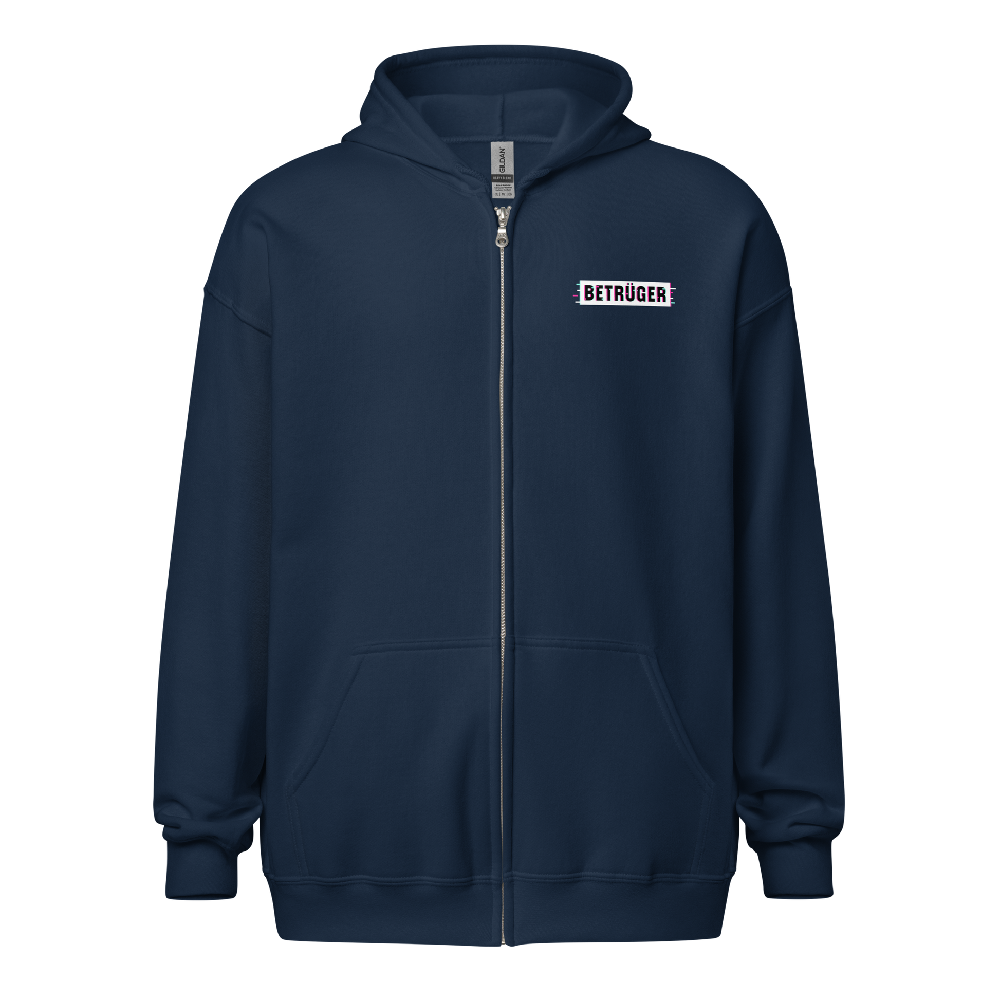 Front view of a navy blue aln zip hoodie.