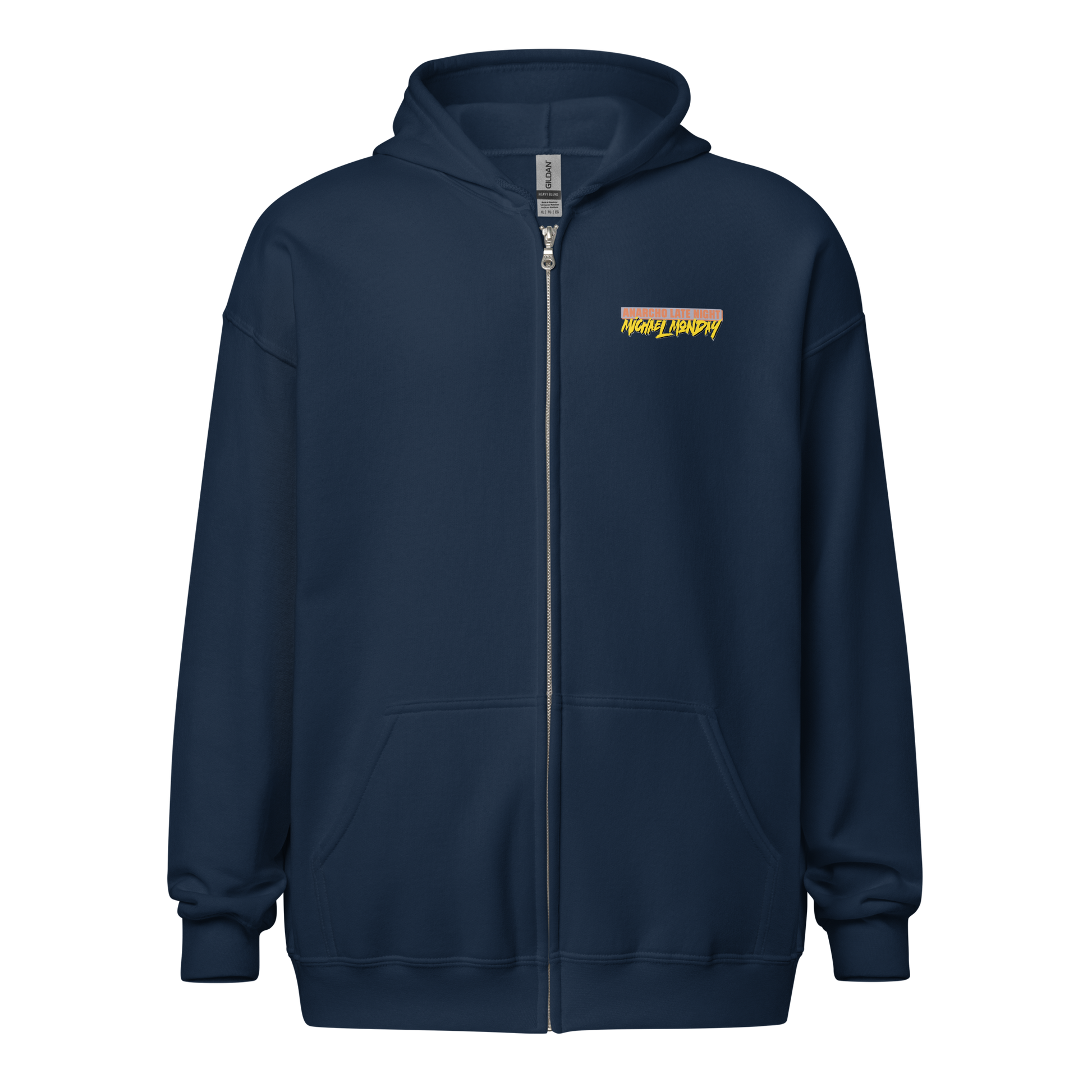 Front view of a navy blue aln zip hoodie.