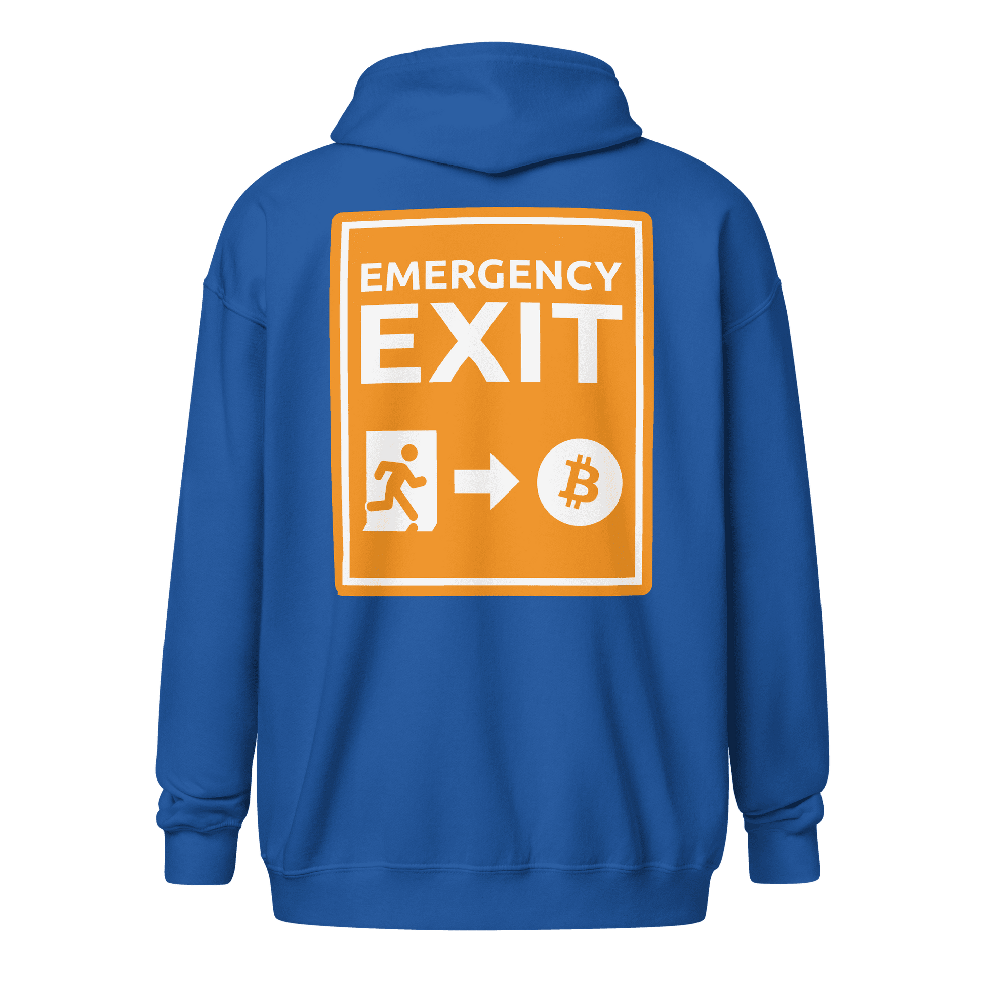 Back view of a royal blue bitcoin zip hoodie.