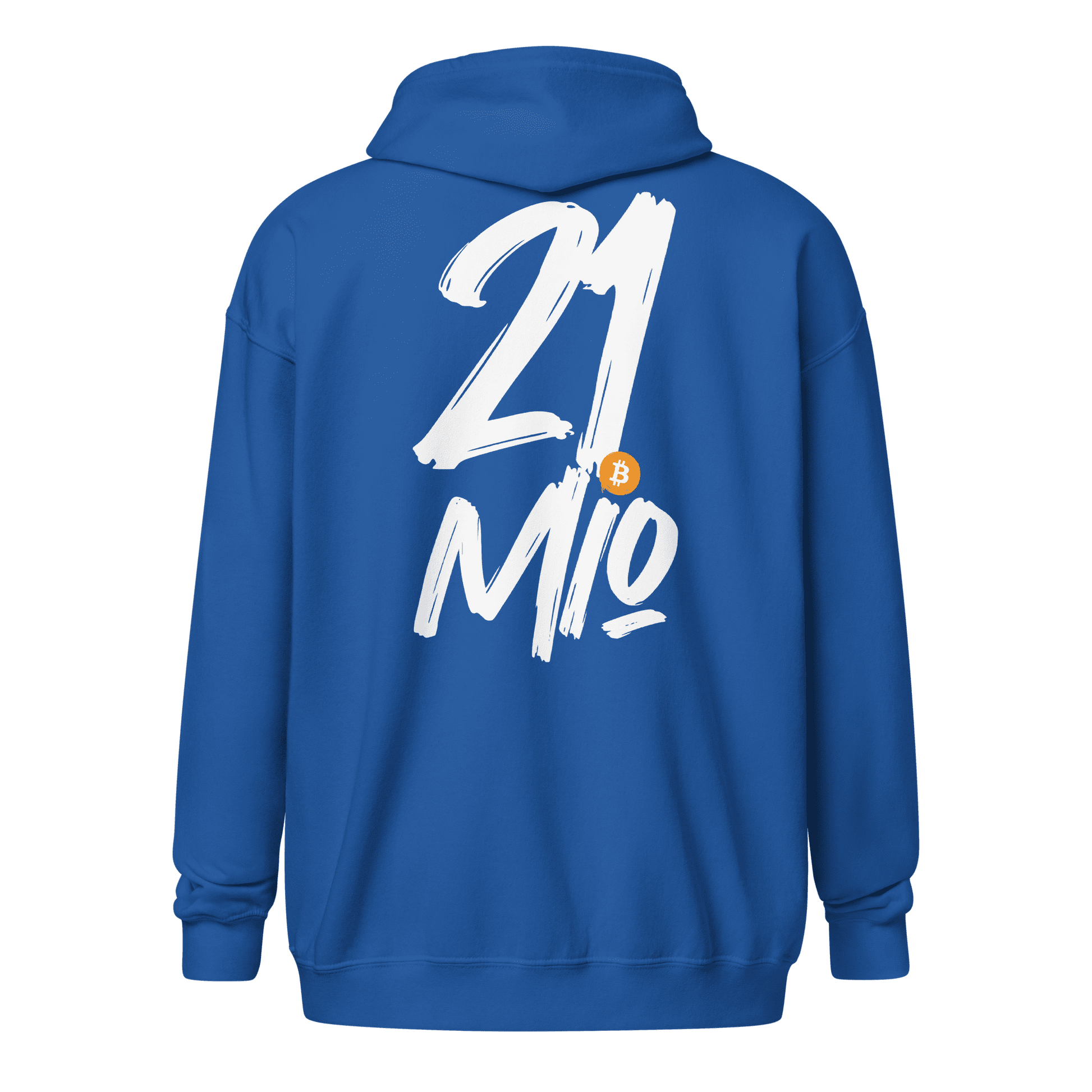Back view of a royal blue bitcoin zip hoodie.