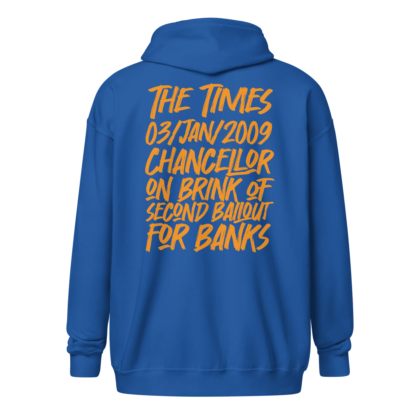 Back view of a royal blue bitcoin zip hoodie.