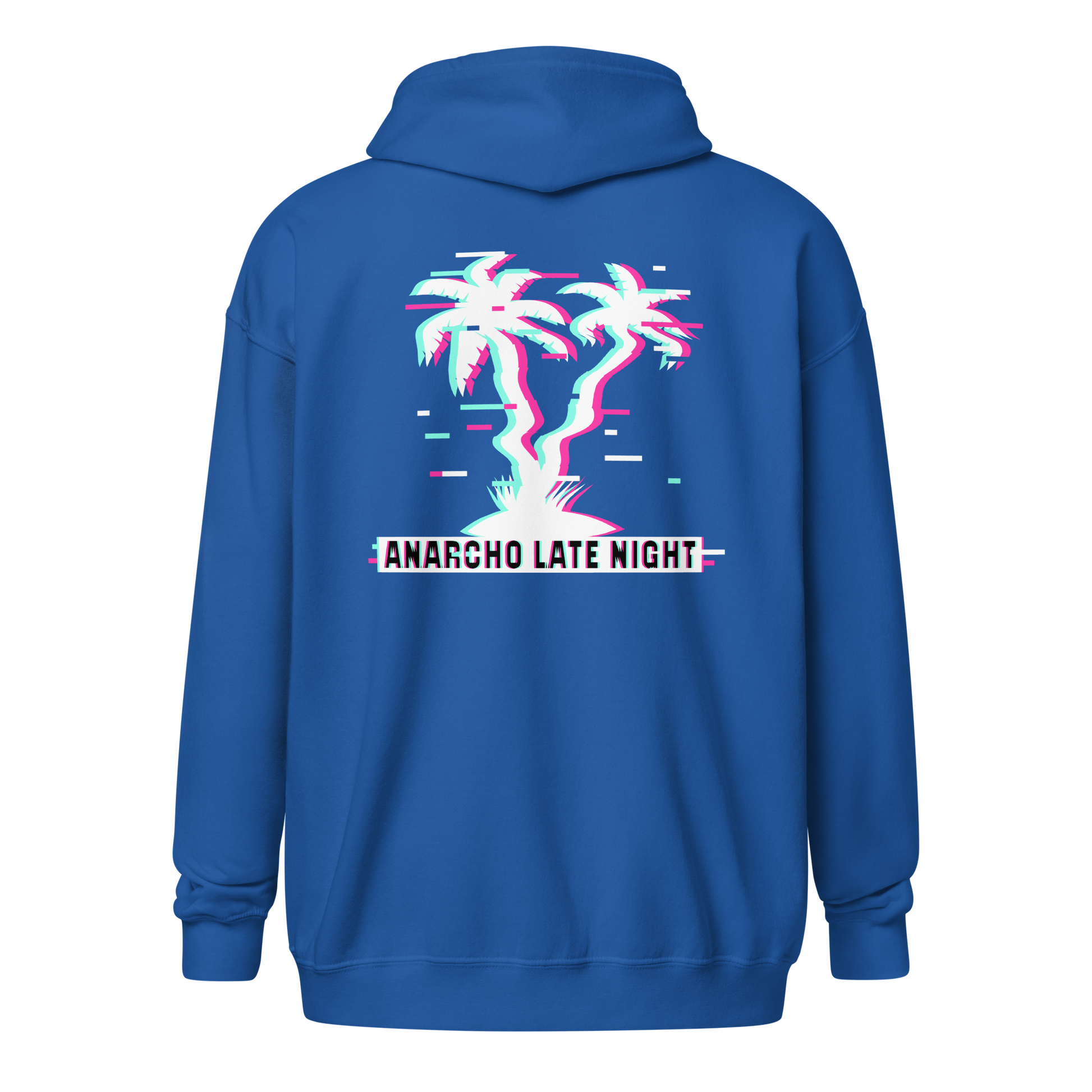 Back view of a royal blue aln zip hoodie.