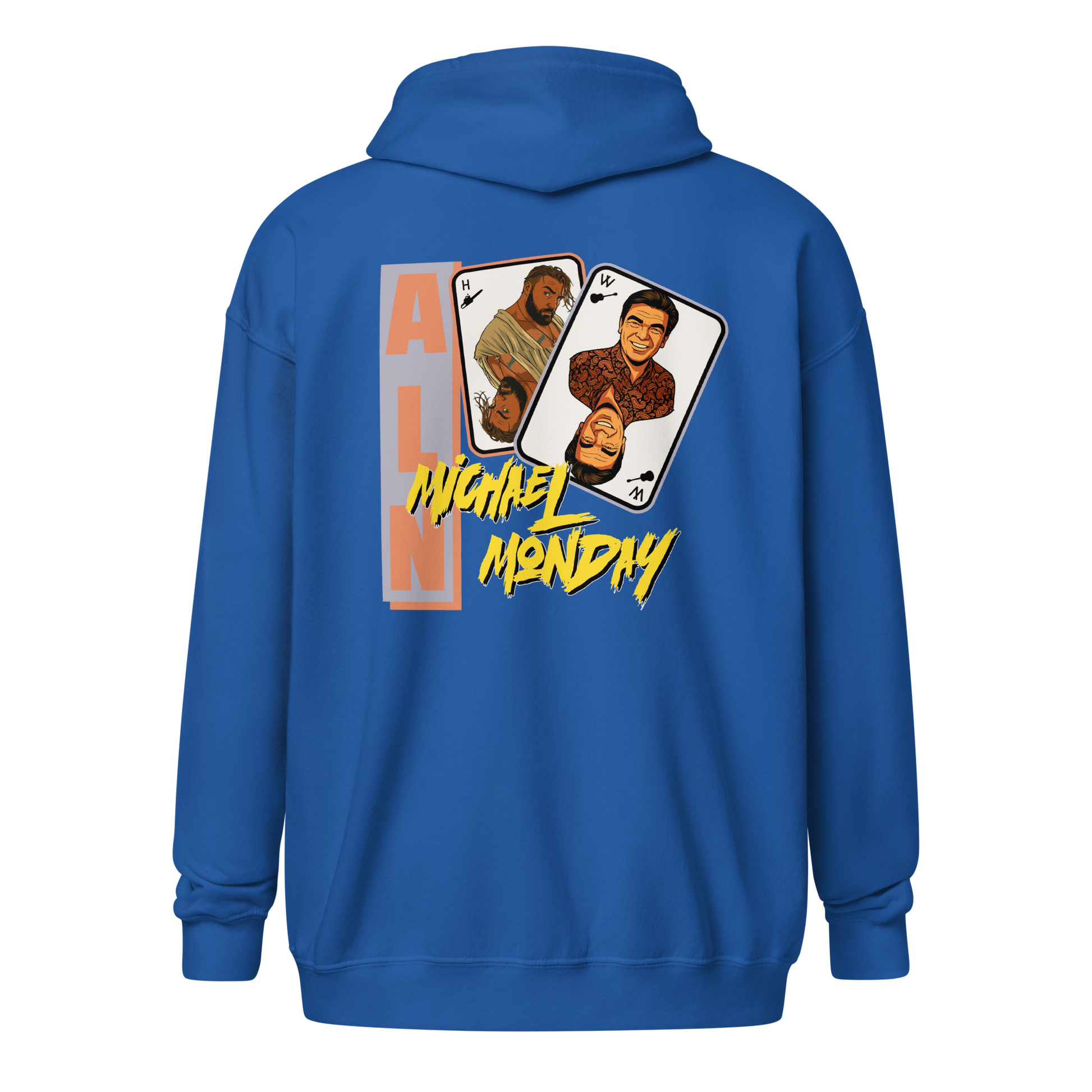 Back view of a royal blue aln zip hoodie.