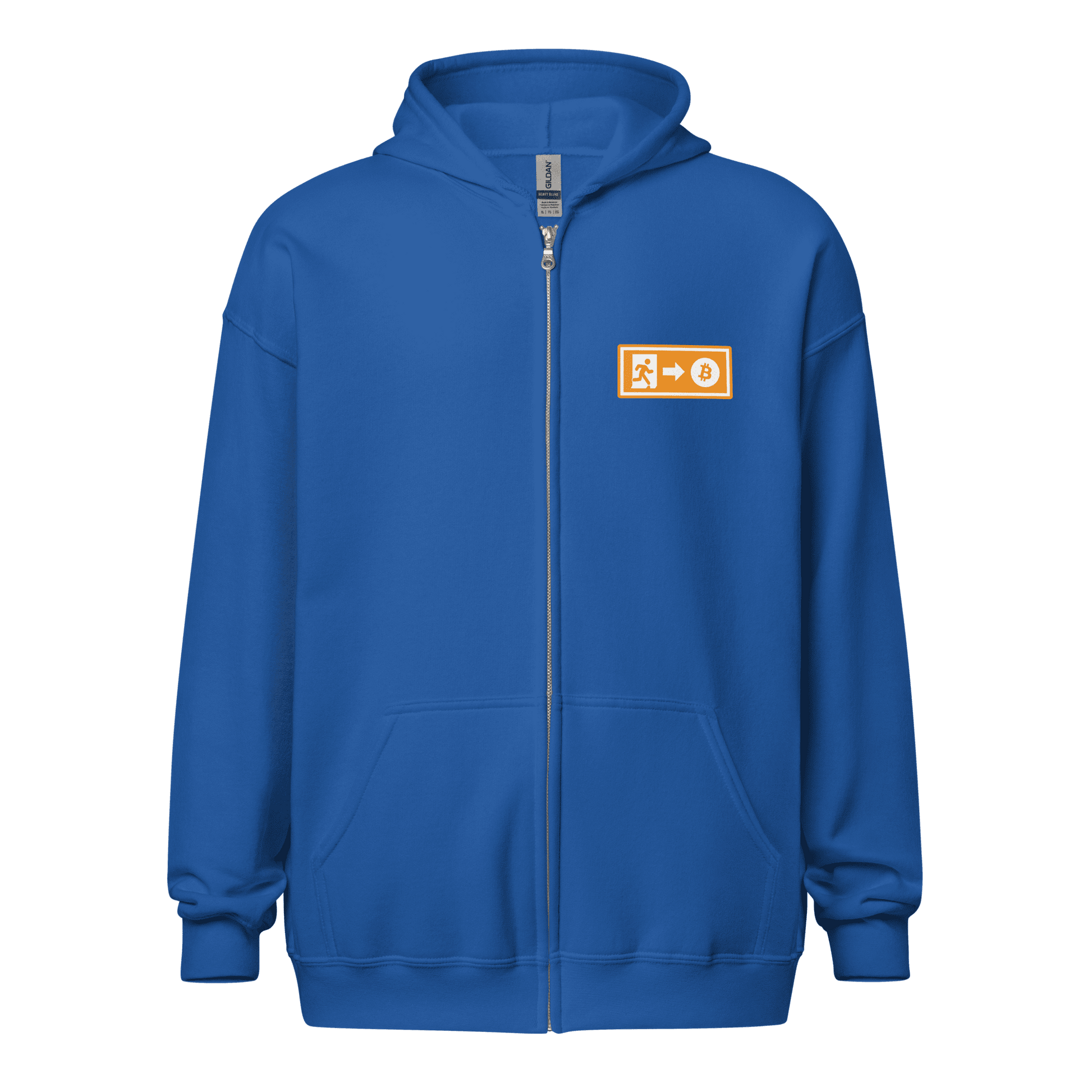 Front view of a royal blue bitcoin zip hoodie.