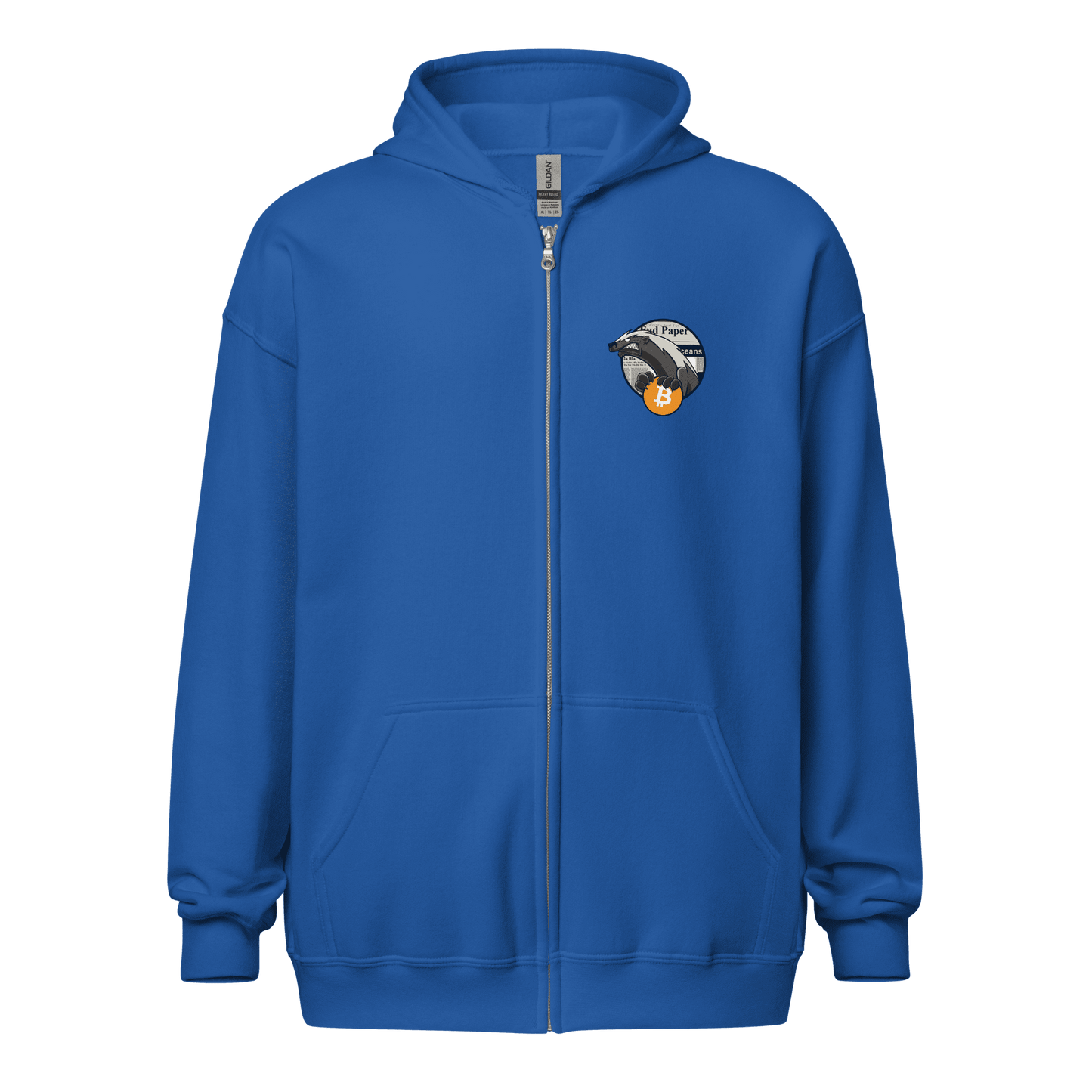 Front view of a royal blue bitcoin zip hoodie.