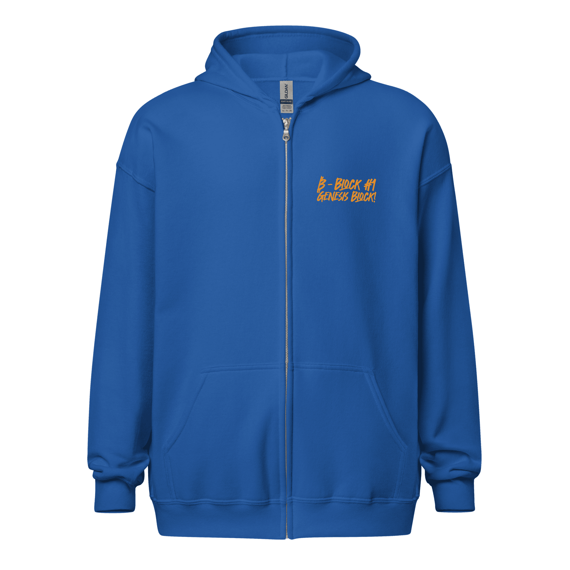 Front view of a royal blue bitcoin zip hoodie.