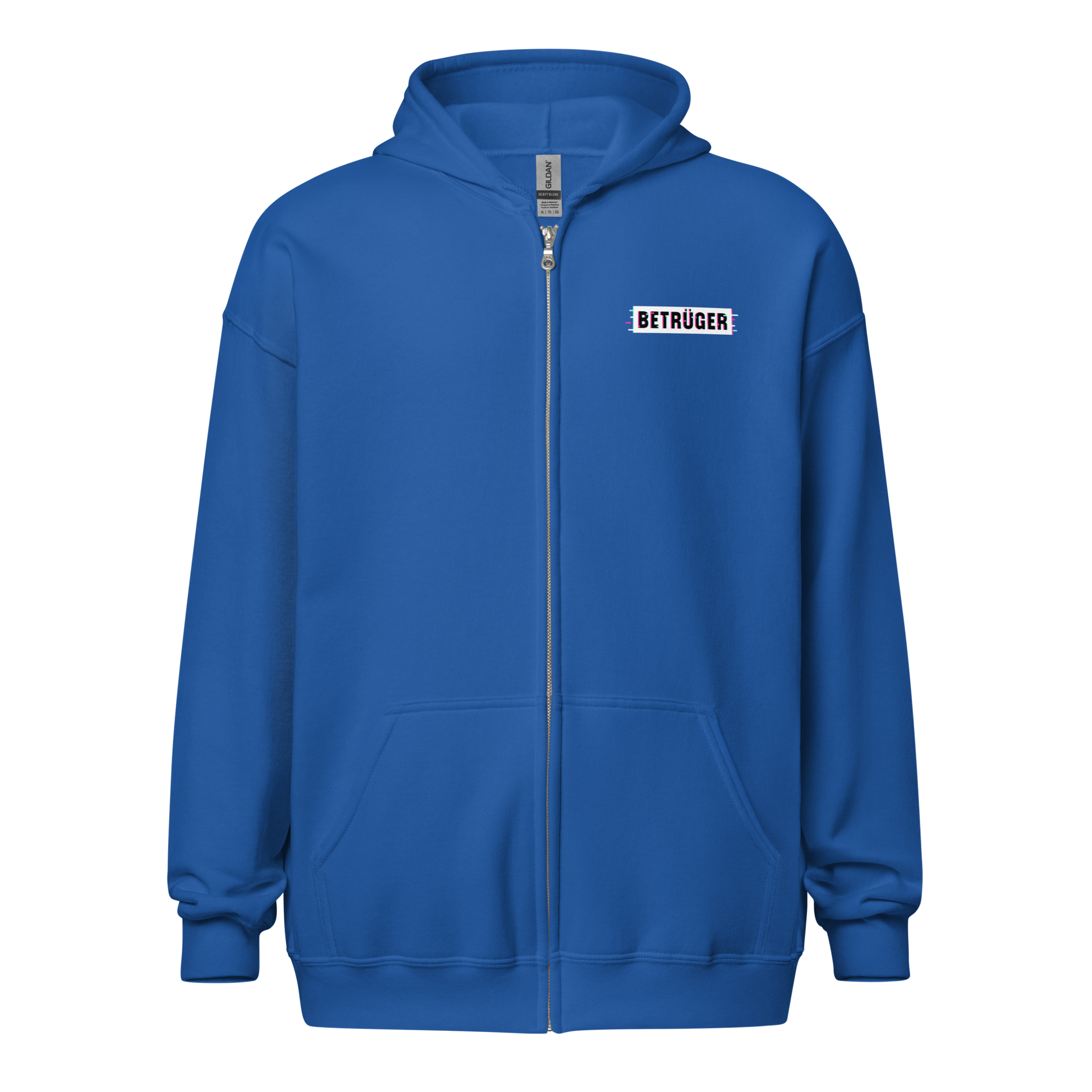 Front view of a royal blue aln zip hoodie.