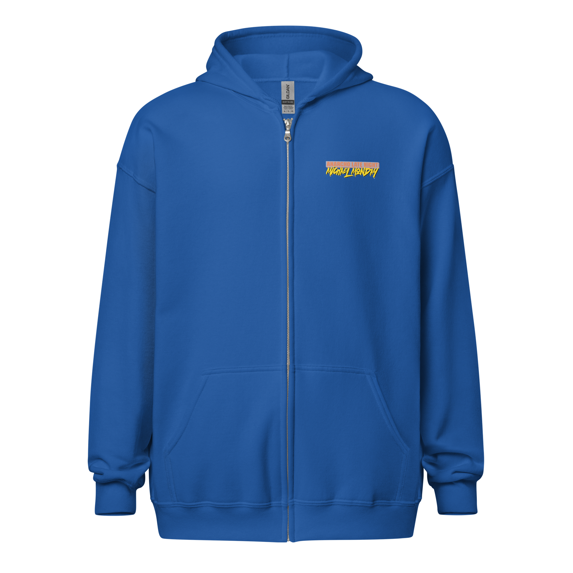 Front view of a royal blue aln zip hoodie.