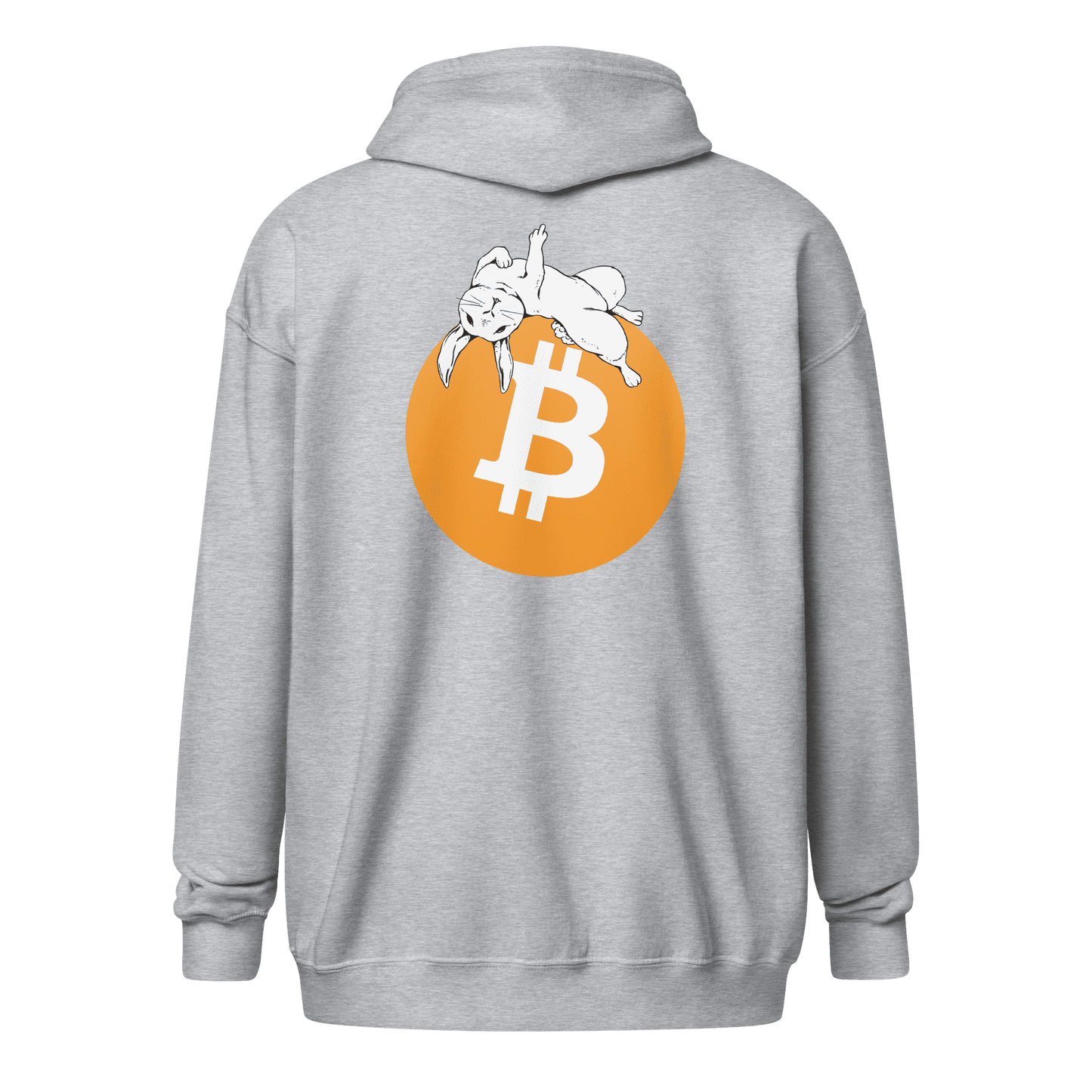 Back view of a sports grey bitcoin zip hoodie.