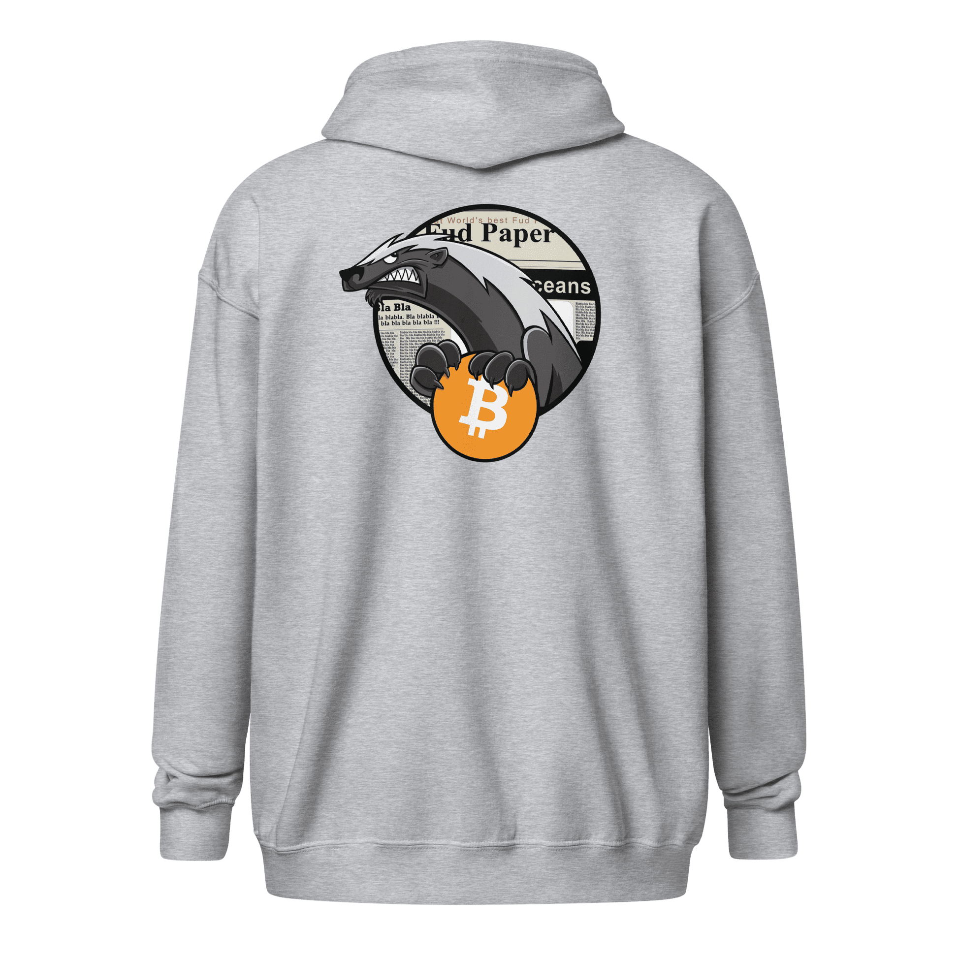 Back view of a sports grey bitcoin zip hoodie.