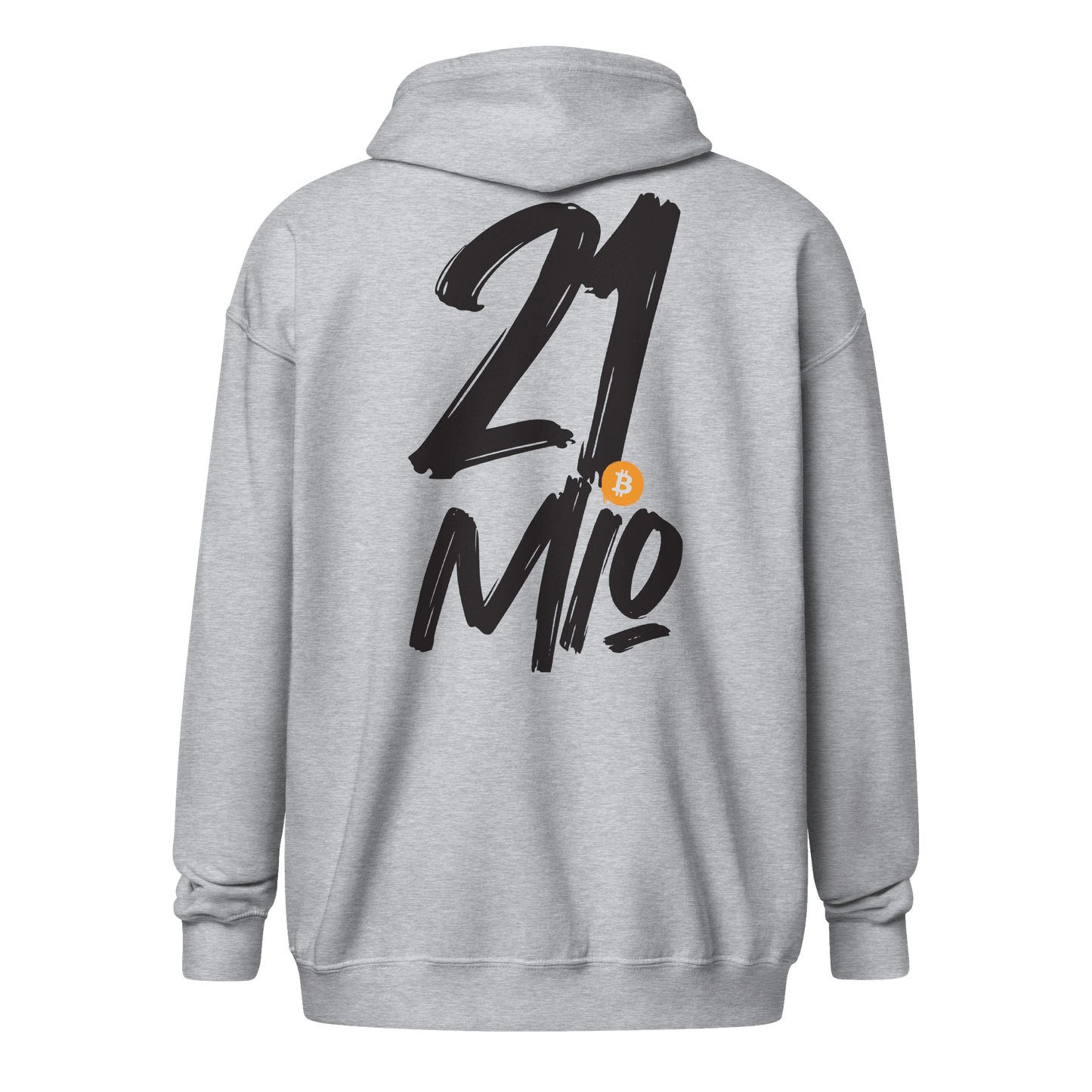 Back view of a sports grey bitcoin zip hoodie.