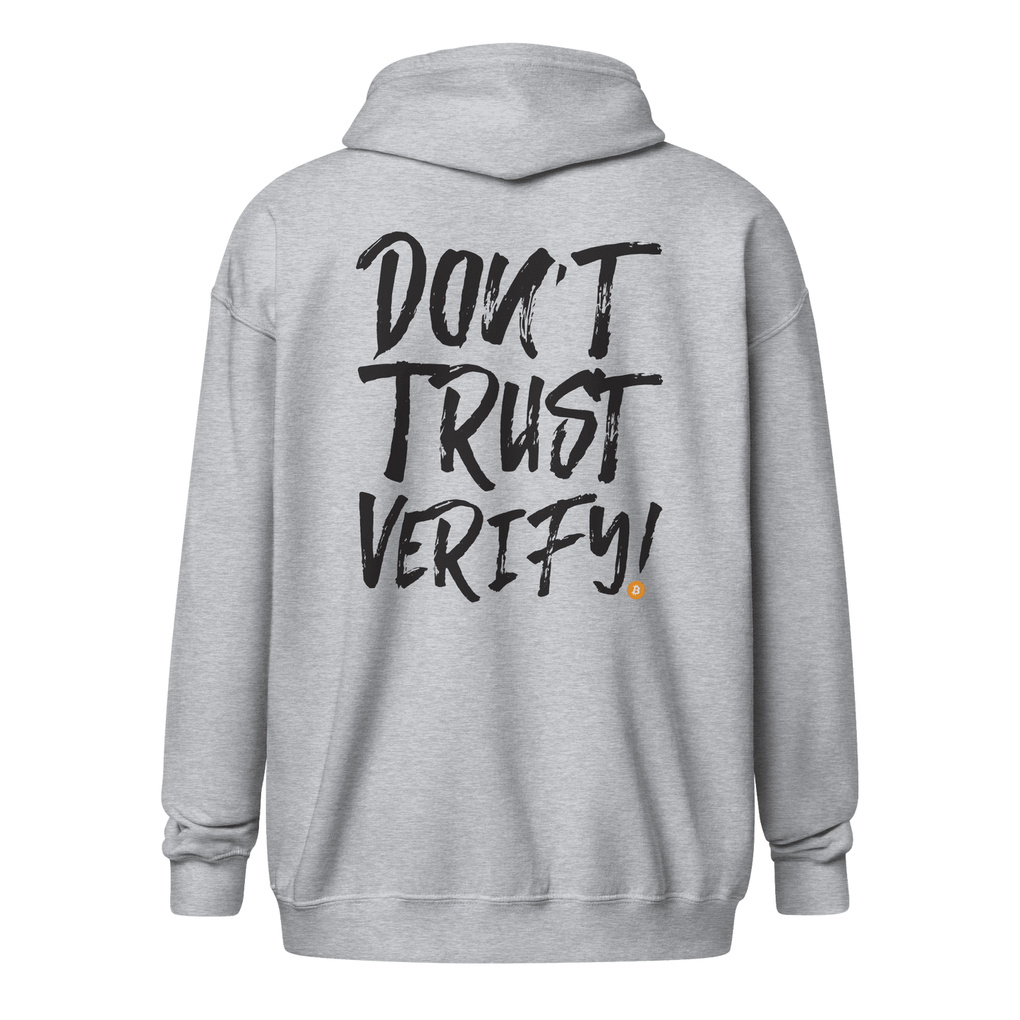 Back view of a sports grey bitcoin zip hoodie.