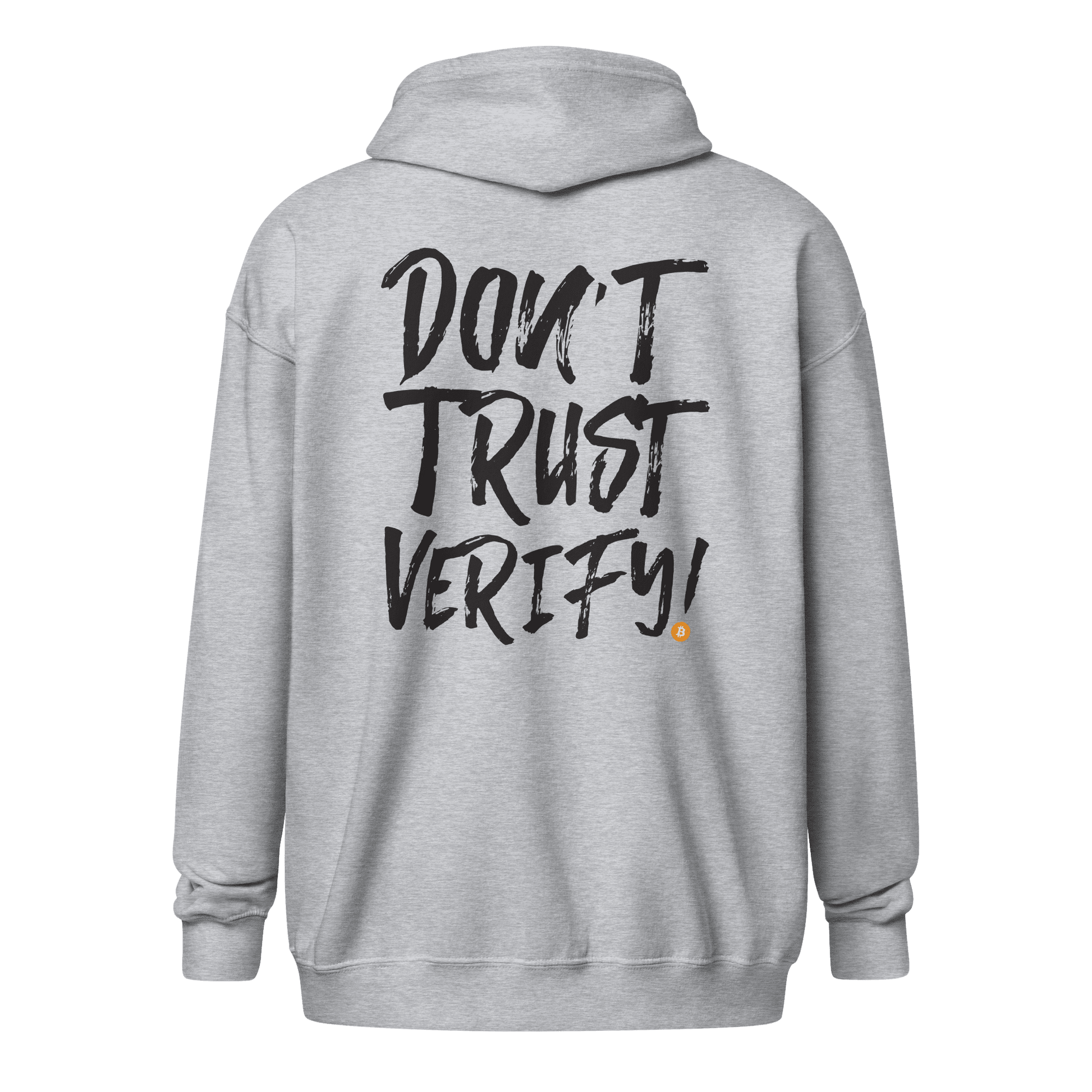 Back view of a sports grey bitcoin zip hoodie.