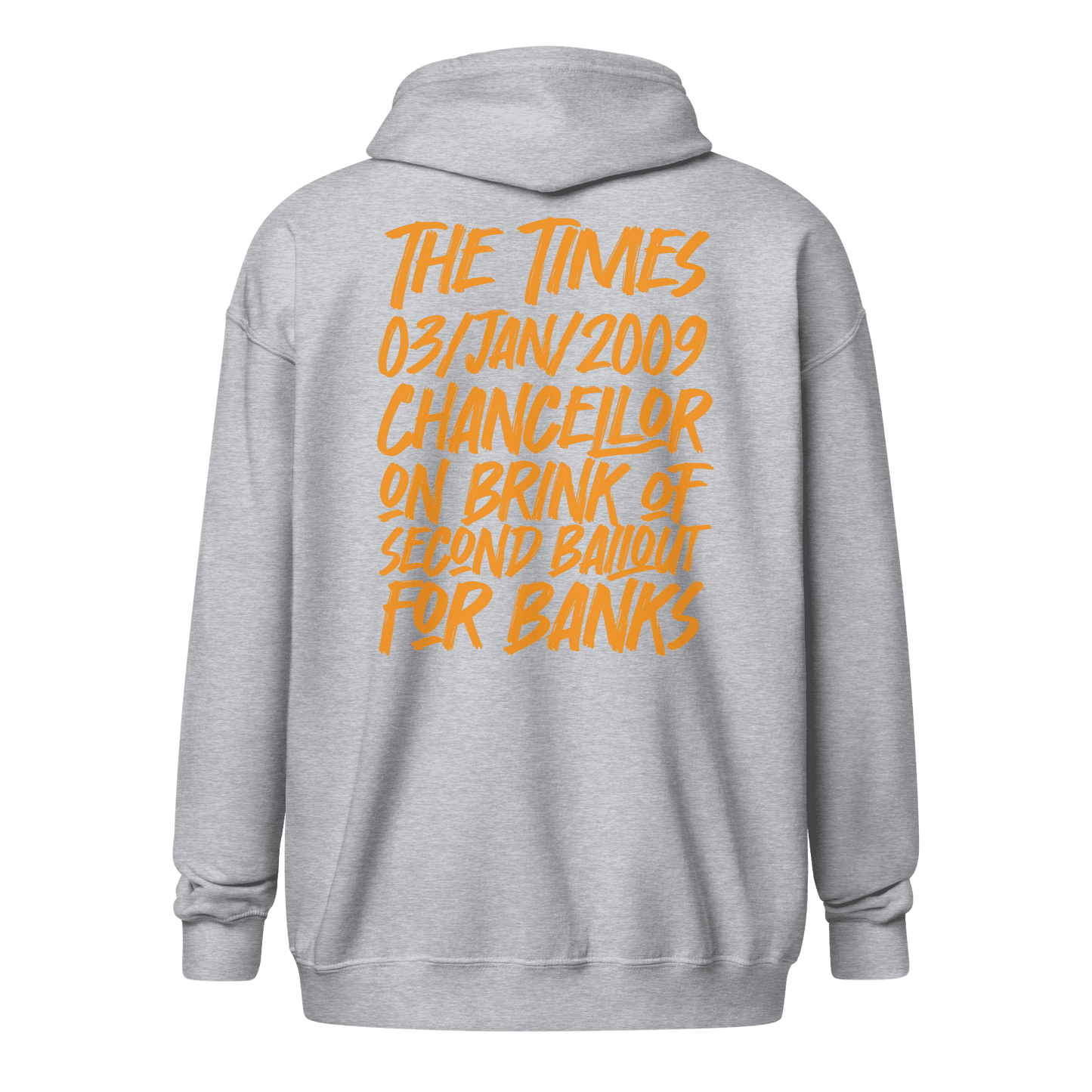 Back view of a sports grey bitcoin zip hoodie.