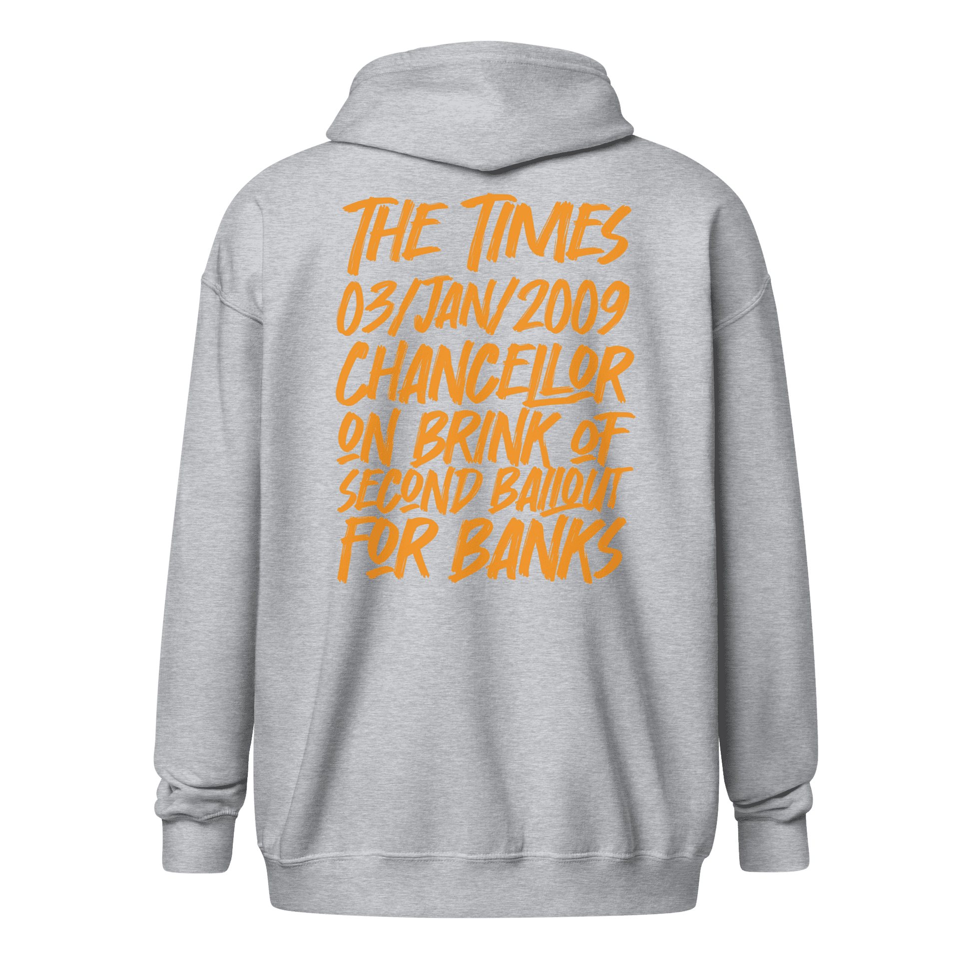 Back view of a sports grey bitcoin zip hoodie.