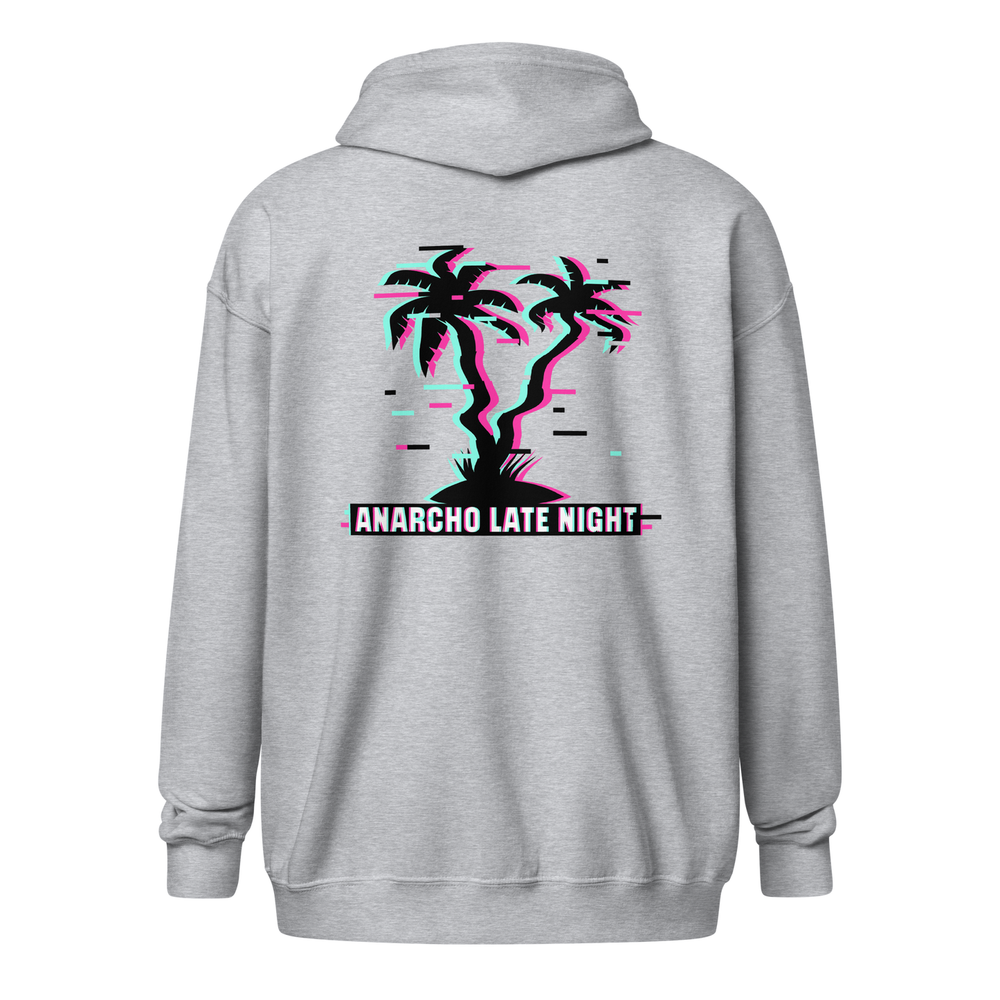 Back view of a sports grey aln zip hoodie.