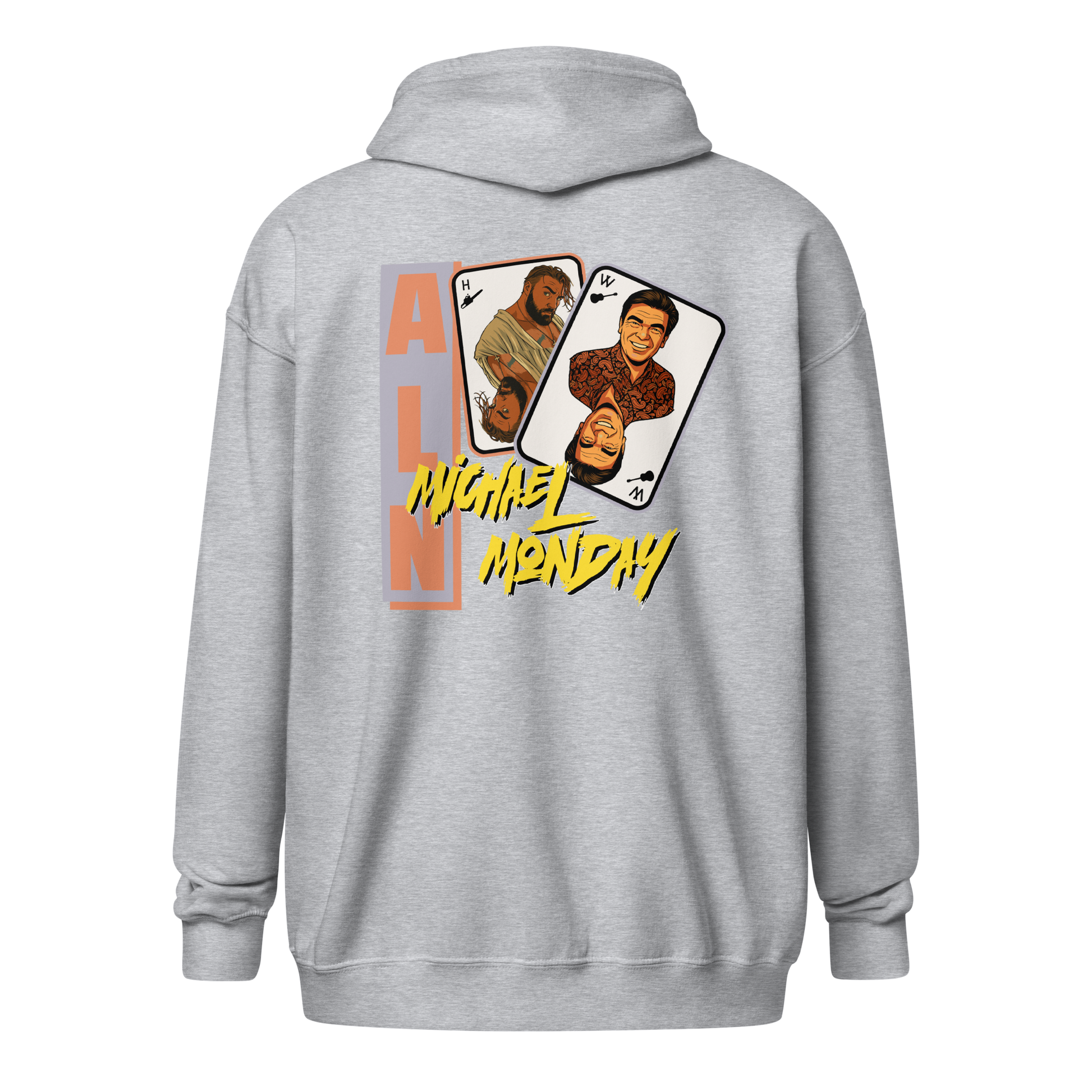 Back view of a sports grey aln zip hoodie.