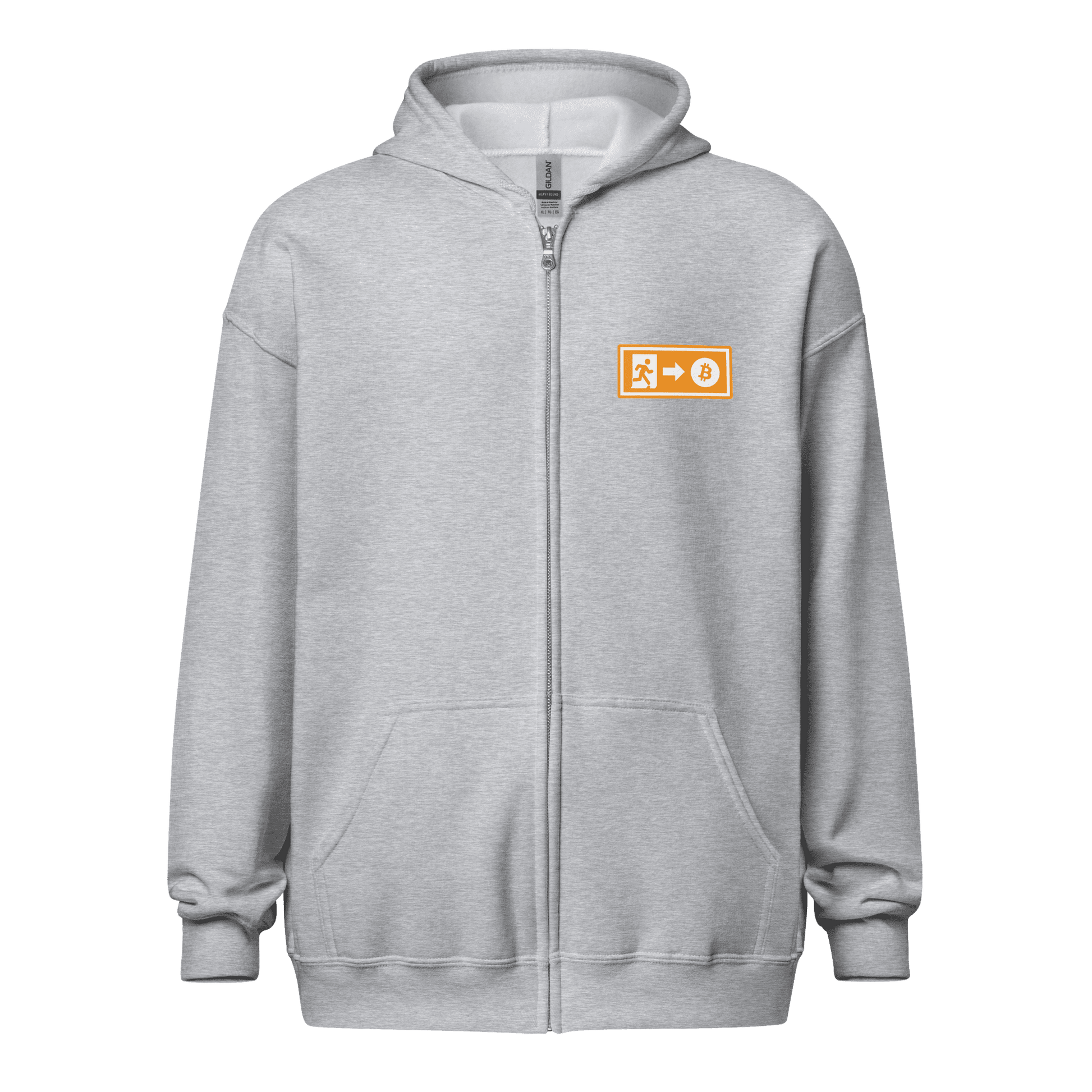 Front view of a sports grey bitcoin zip hoodie.