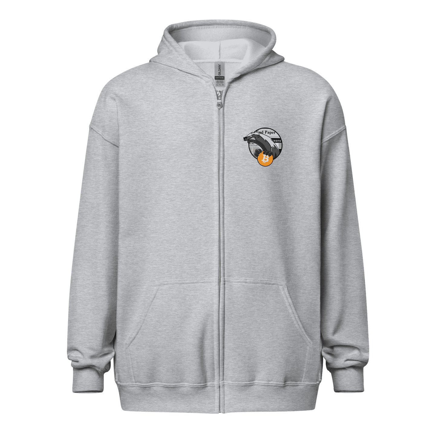 Front view of a sports grey bitcoin zip hoodie.