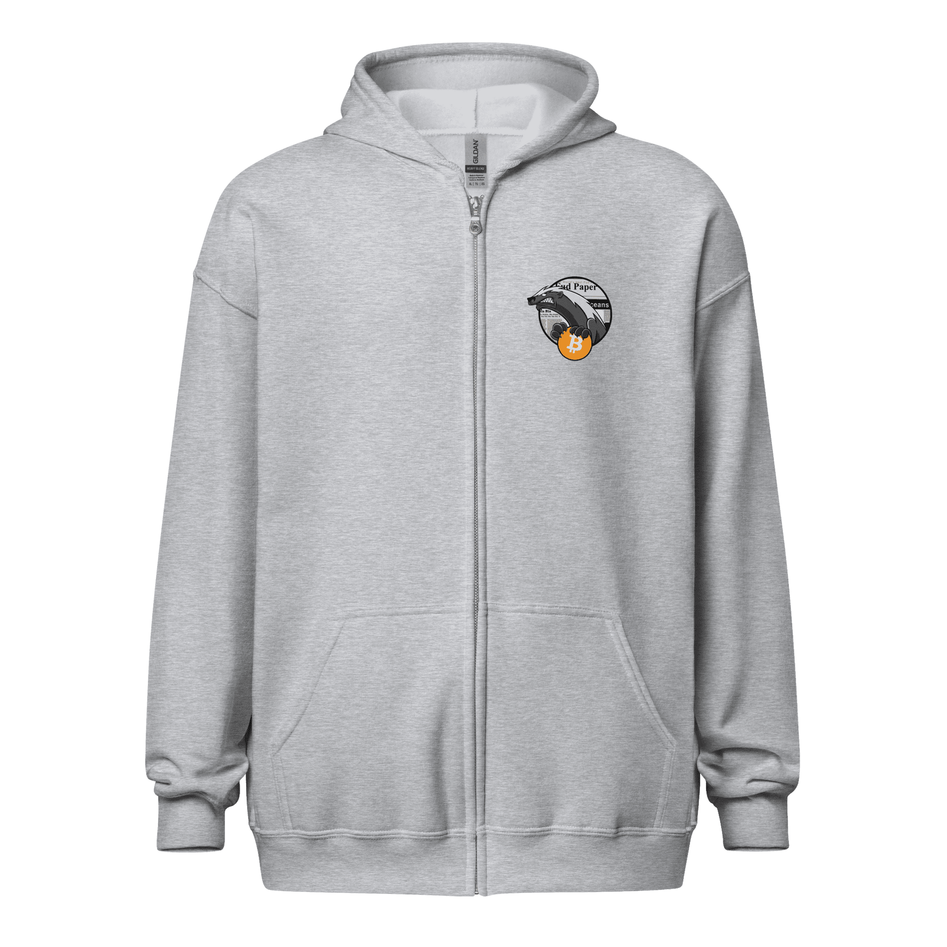 Front view of a sports grey bitcoin zip hoodie.