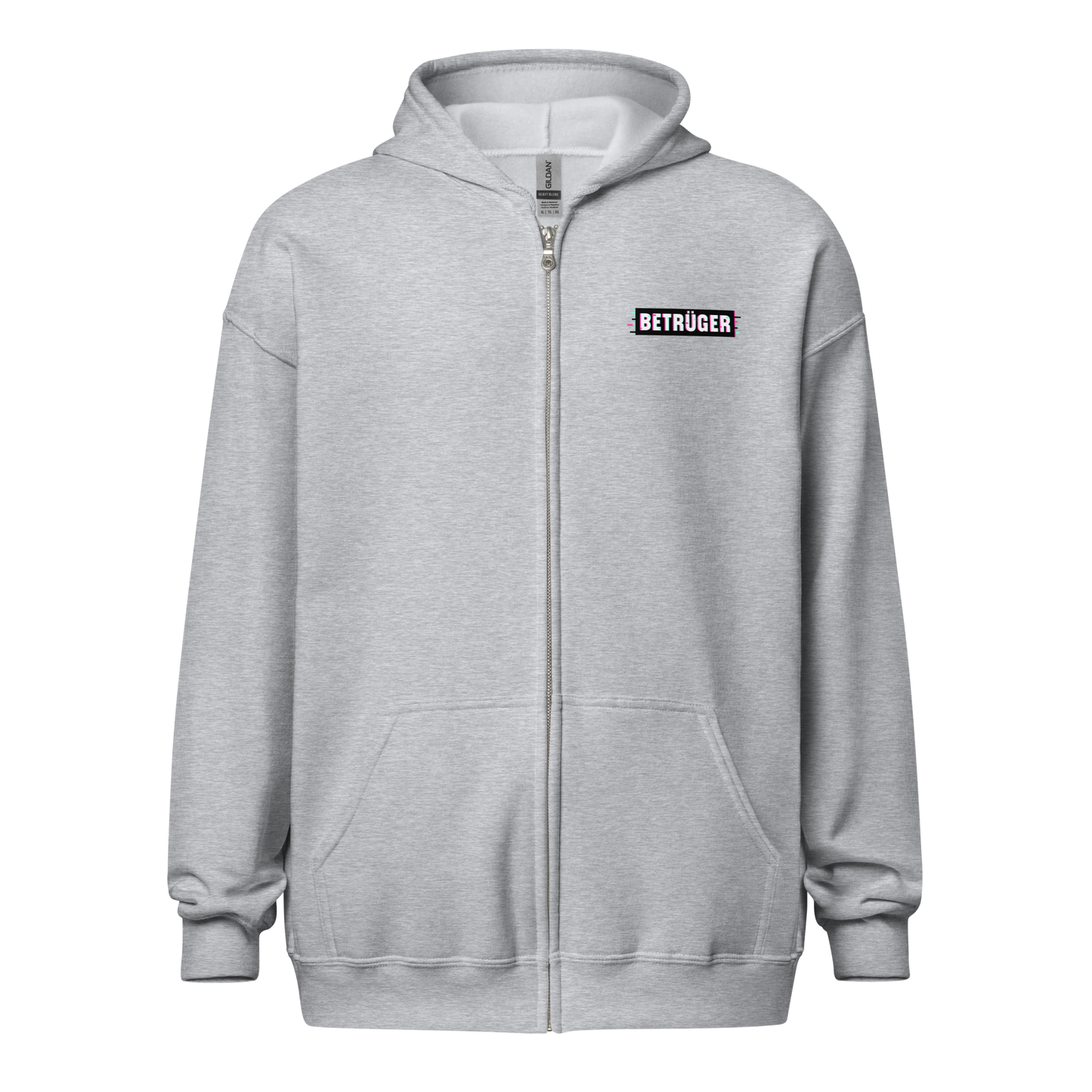 Front view of a sports grey aln zip hoodie.