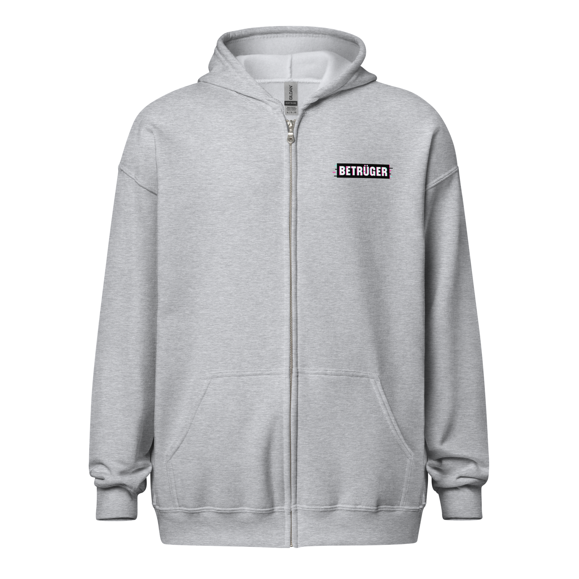 Front view of a sports grey aln zip hoodie.