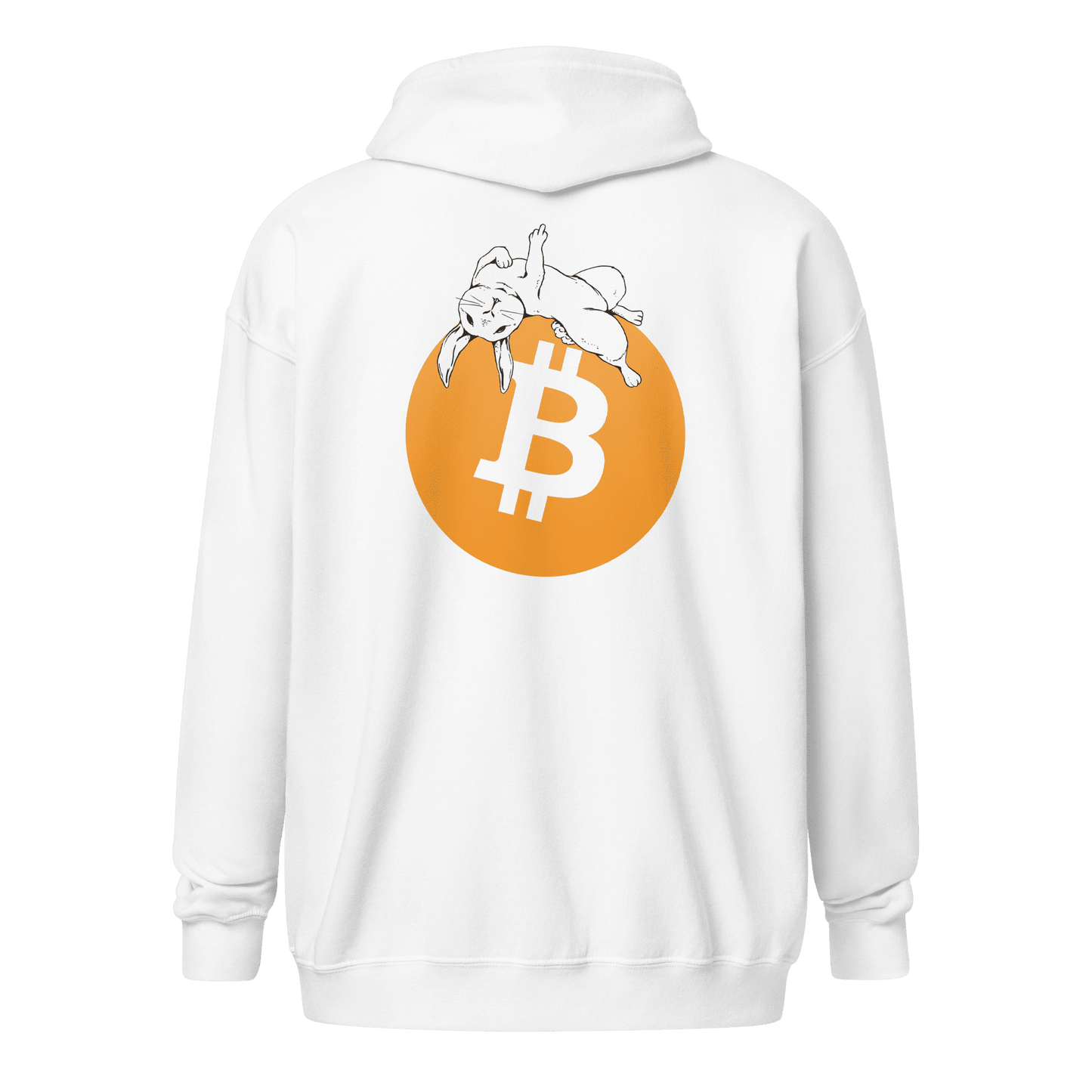Back view of a white bitcoin zip hoodie.