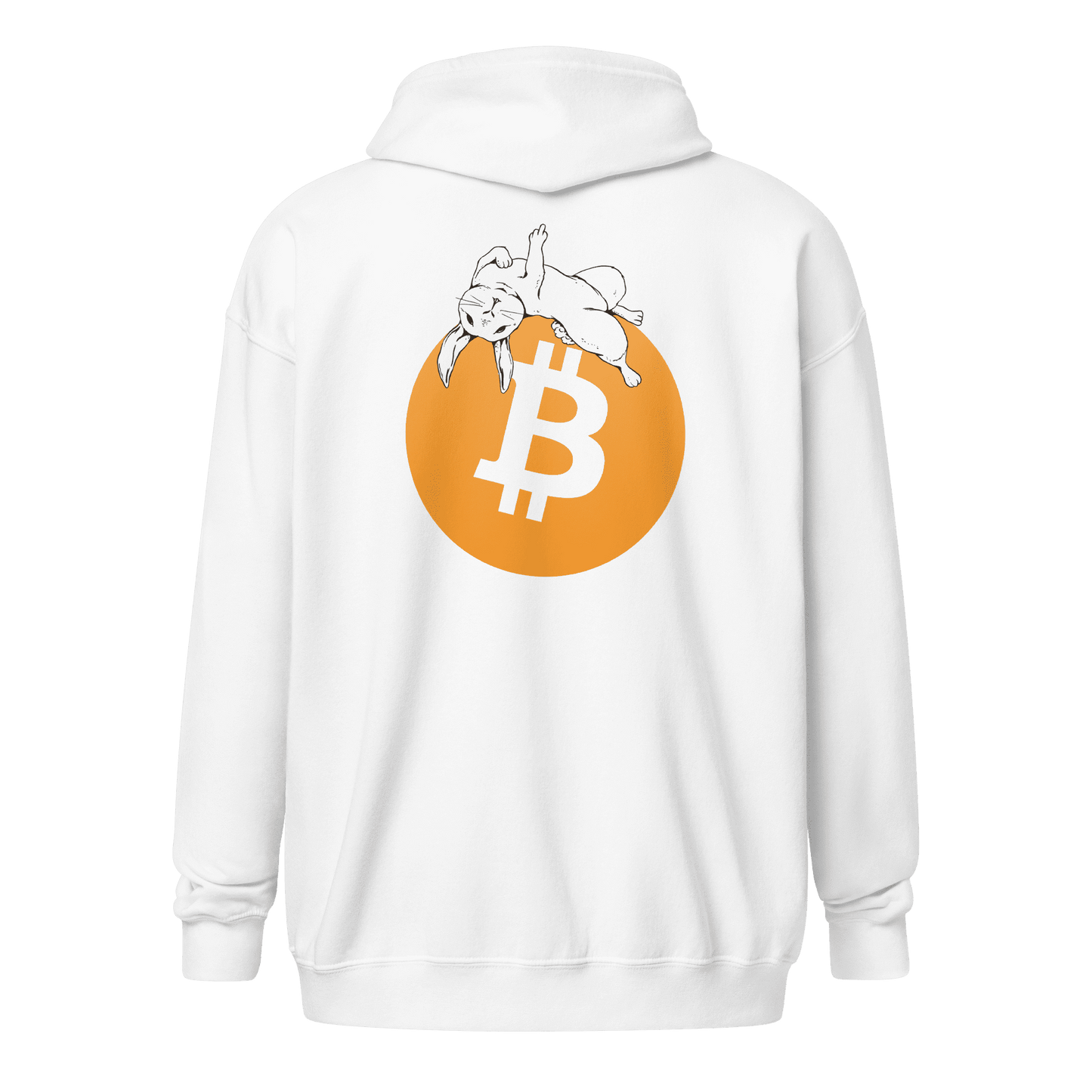 Back view of a white bitcoin zip hoodie.