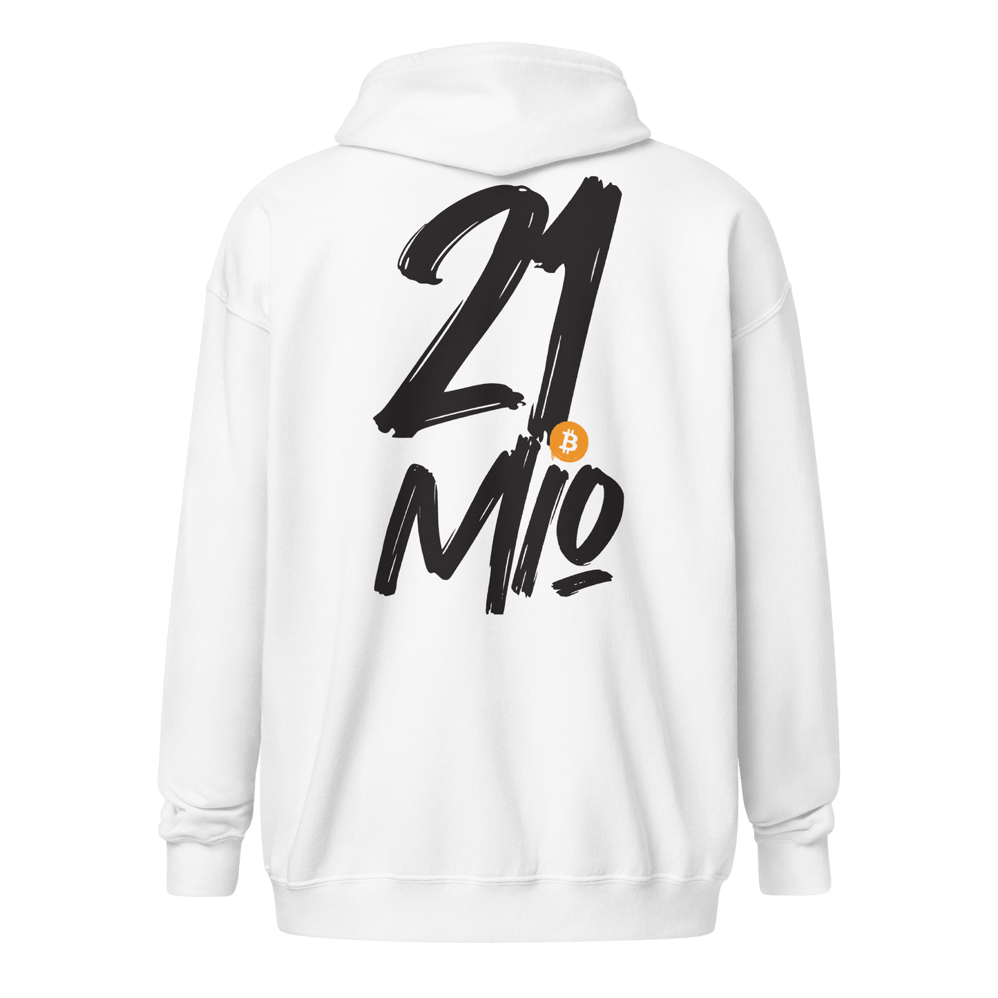 Back view of a white bitcoin zip hoodie.