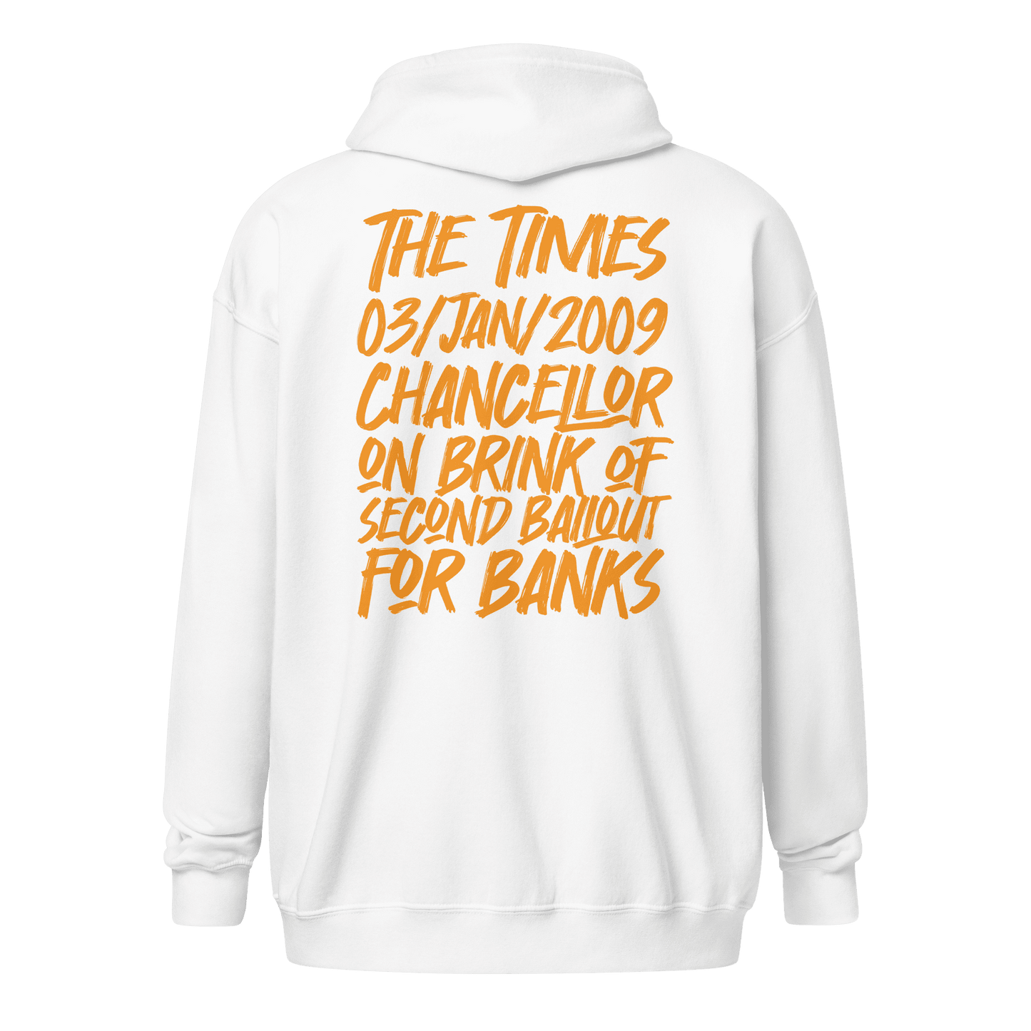 Back view of a white bitcoin zip hoodie.