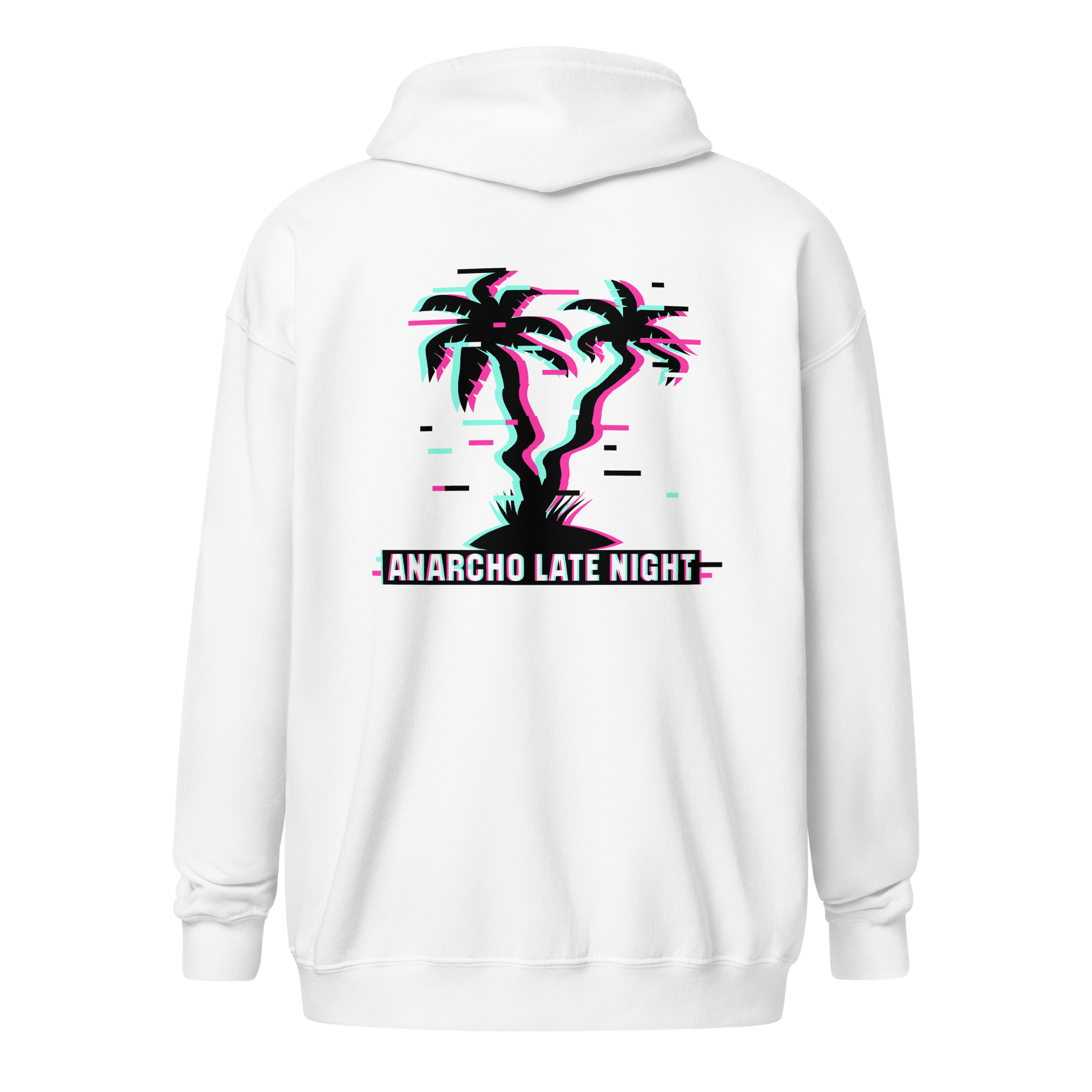 Back view of a white aln zip hoodie.