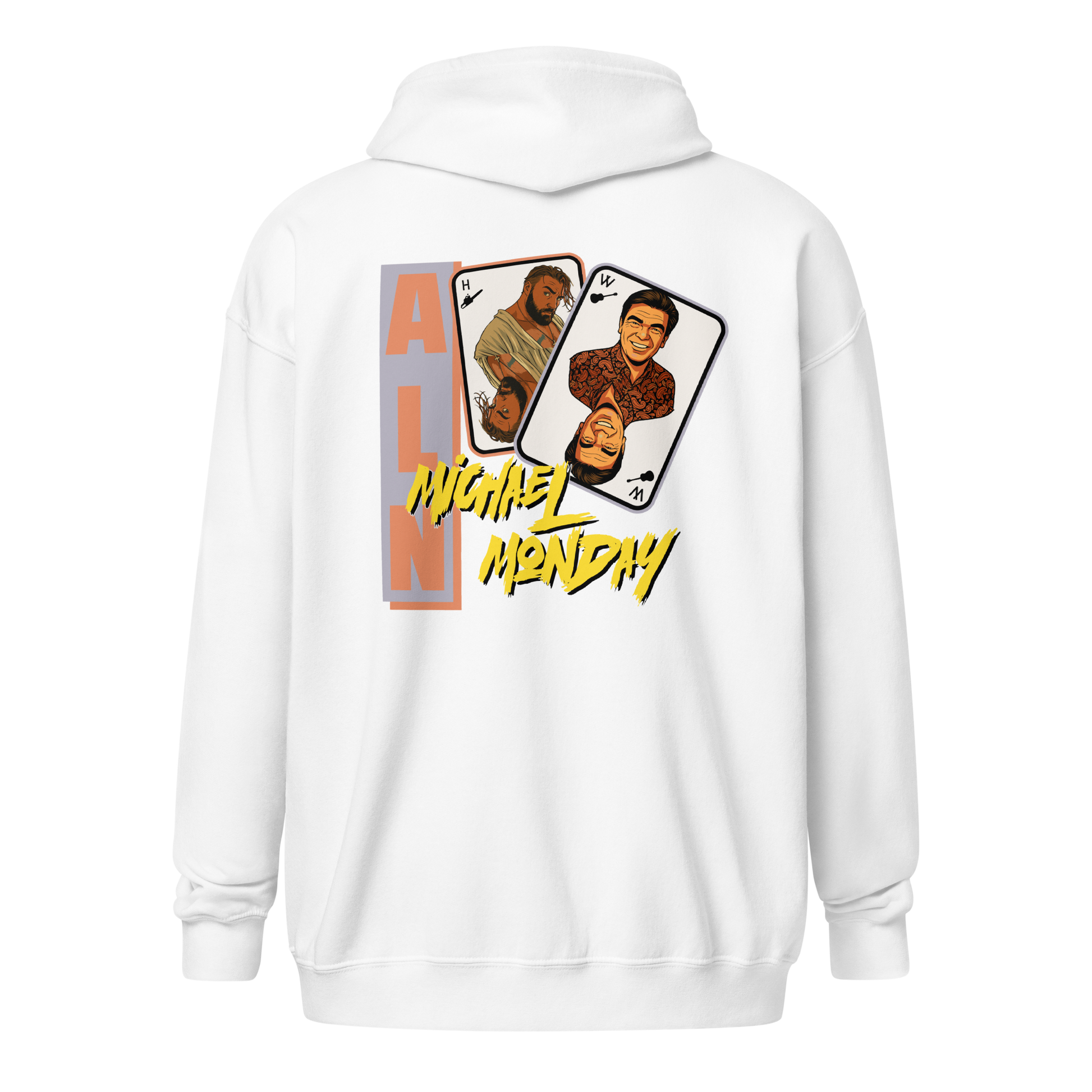 Back view of a white aln zip hoodie.