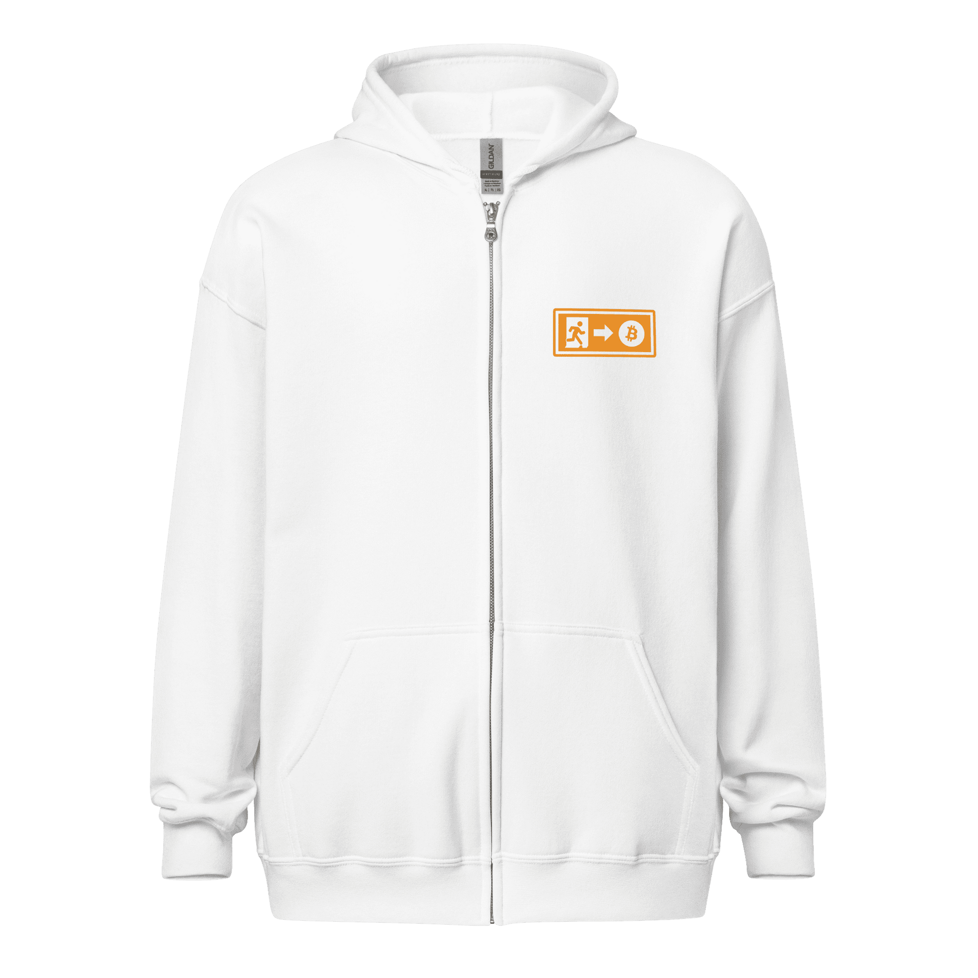 Front view of a white bitcoin zip hoodie.