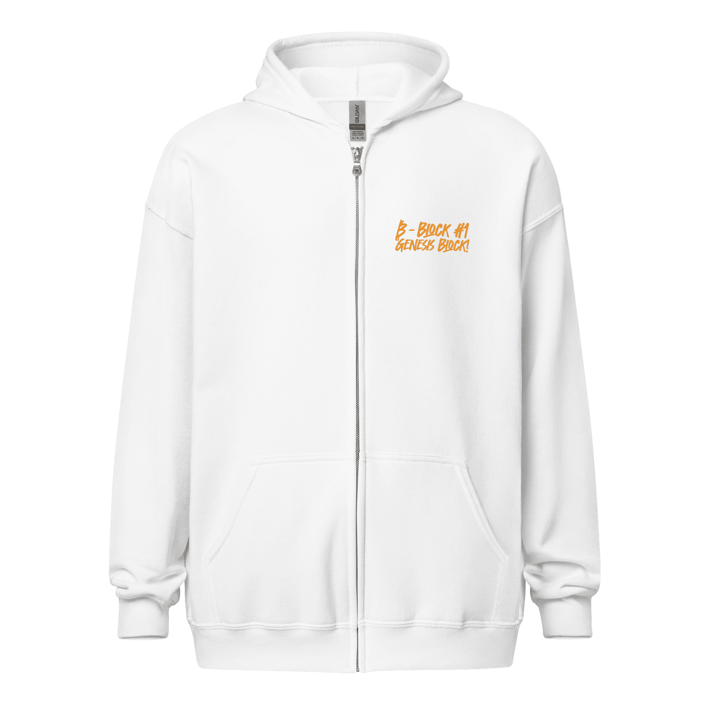 Front view of a white bitcoin zip hoodie.