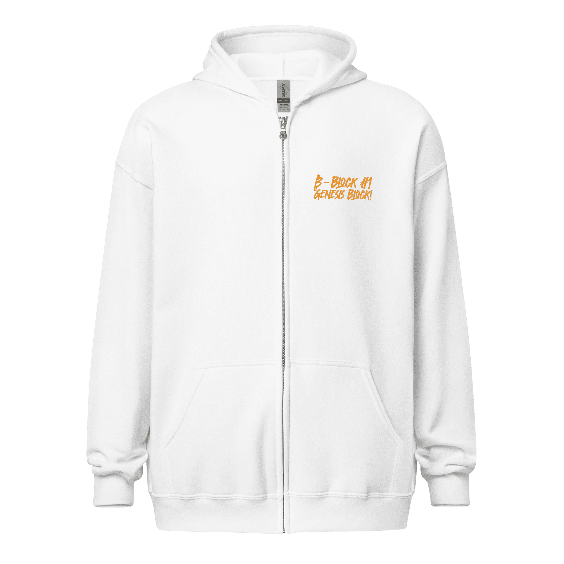 Front view of a white bitcoin zip hoodie.