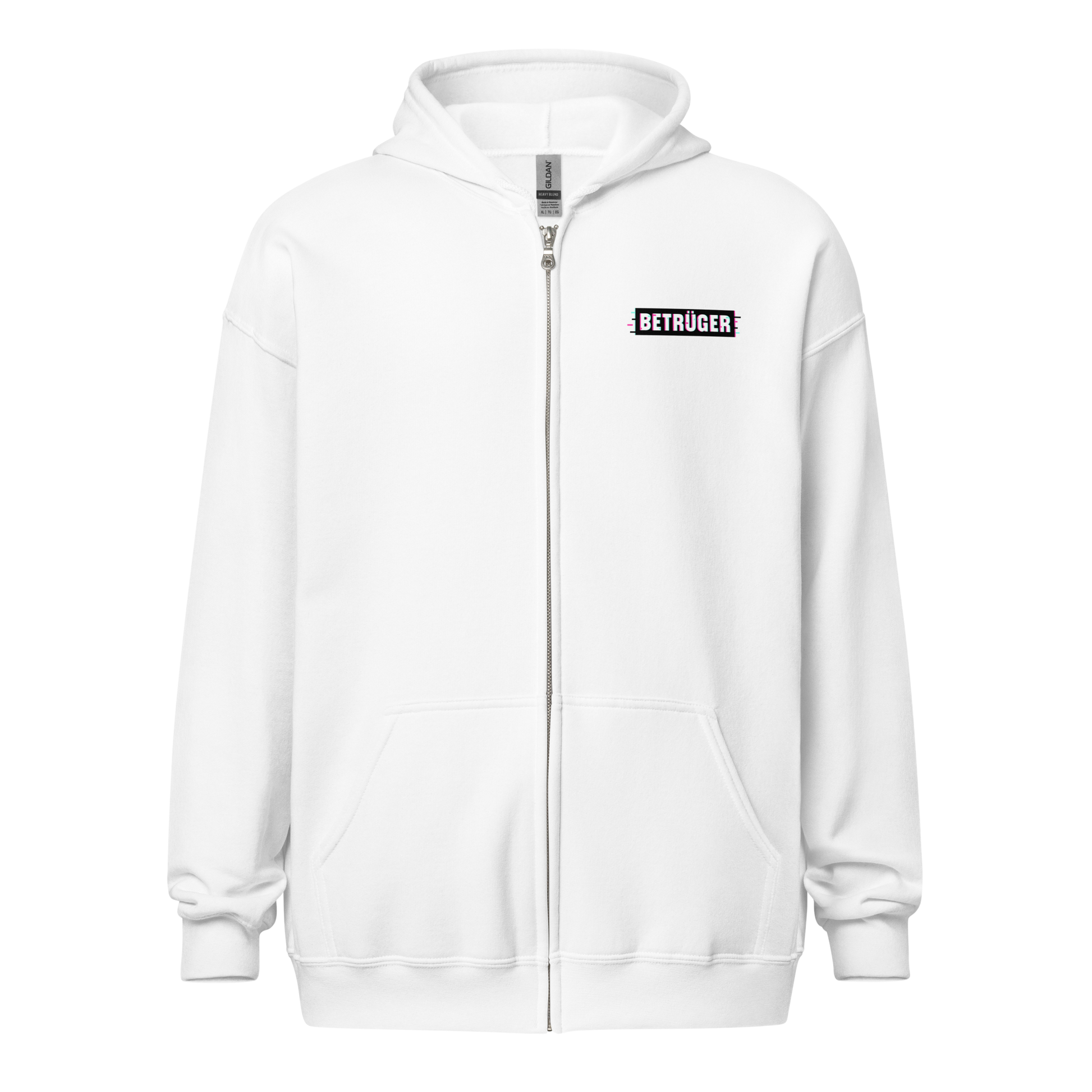 Front view of a white aln zip hoodie.