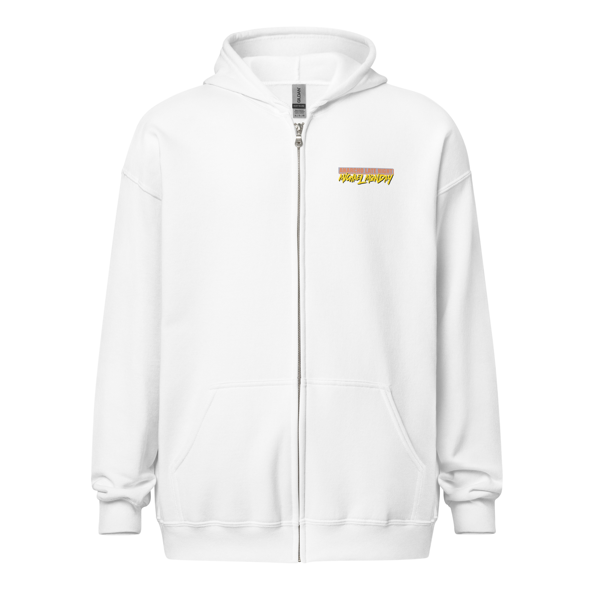 Front view of a white aln zip hoodie.