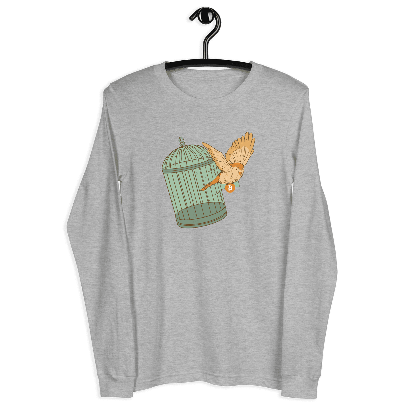 Front view of a athlethic heather colored bitcoin long sleeve tee.