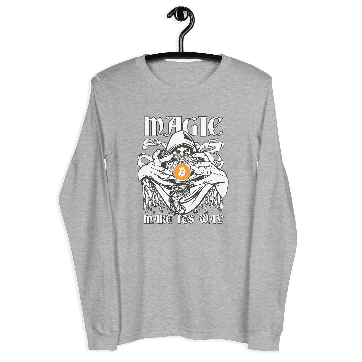 Front view of a athlethic heather colored bitcoin long sleeve tee.