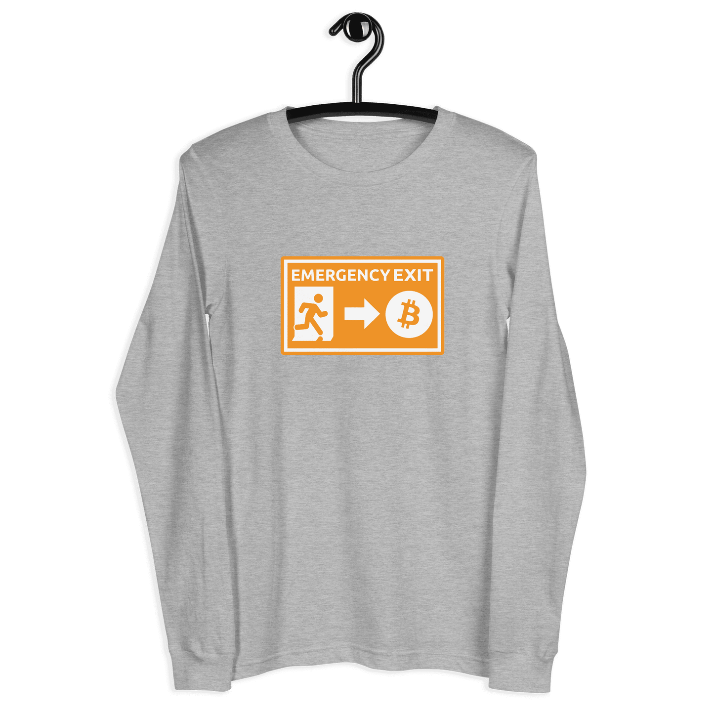 Front view of a athlethic heather colored bitcoin long sleeve tee.